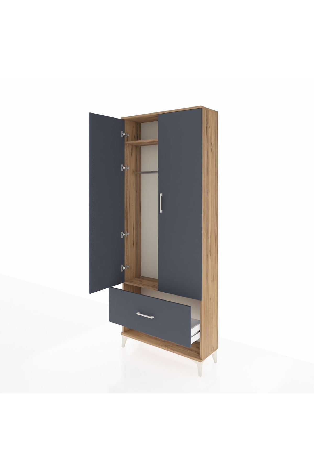 Arges Dolap 2 Raflı Tek Çekmeceli Tek Askılı 88x30x221 Çam-Antrasit