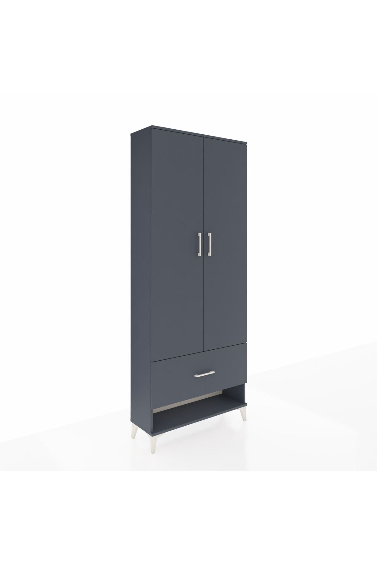 Arges Dolap 4 Raflı Tek Çekmeceli 2 Kapaklı 88x30x221 Antrasit-Antrasit