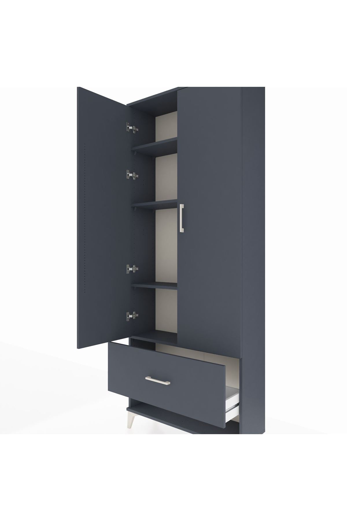 Arges Dolap 4 Raflı Tek Çekmeceli 2 Kapaklı 88x30x221 Antrasit-Antrasit