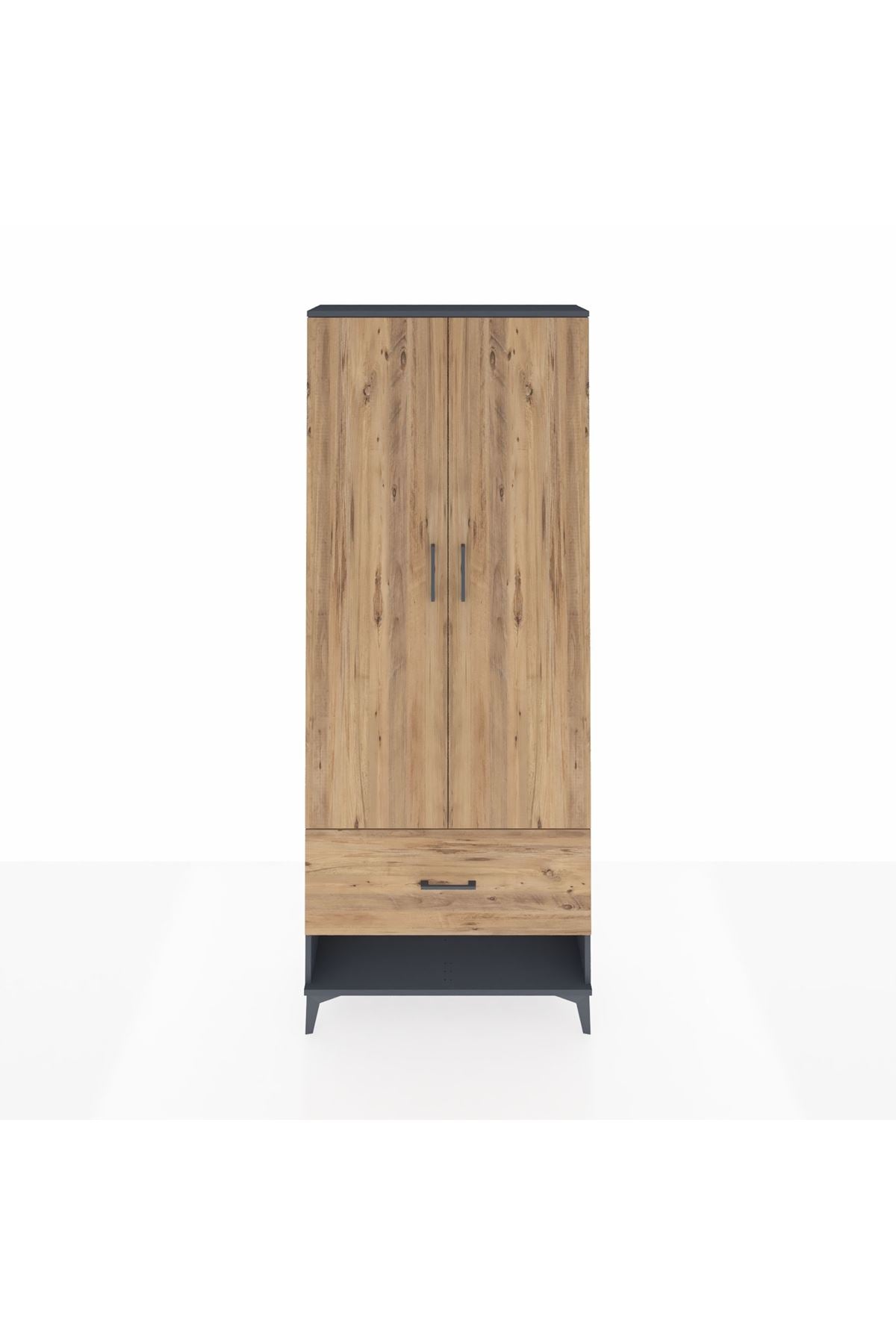 Arges Dolap 4 Raflı Tek Çekmeceli 2 Kapaklı 88x30x221 Antrasit-Çam