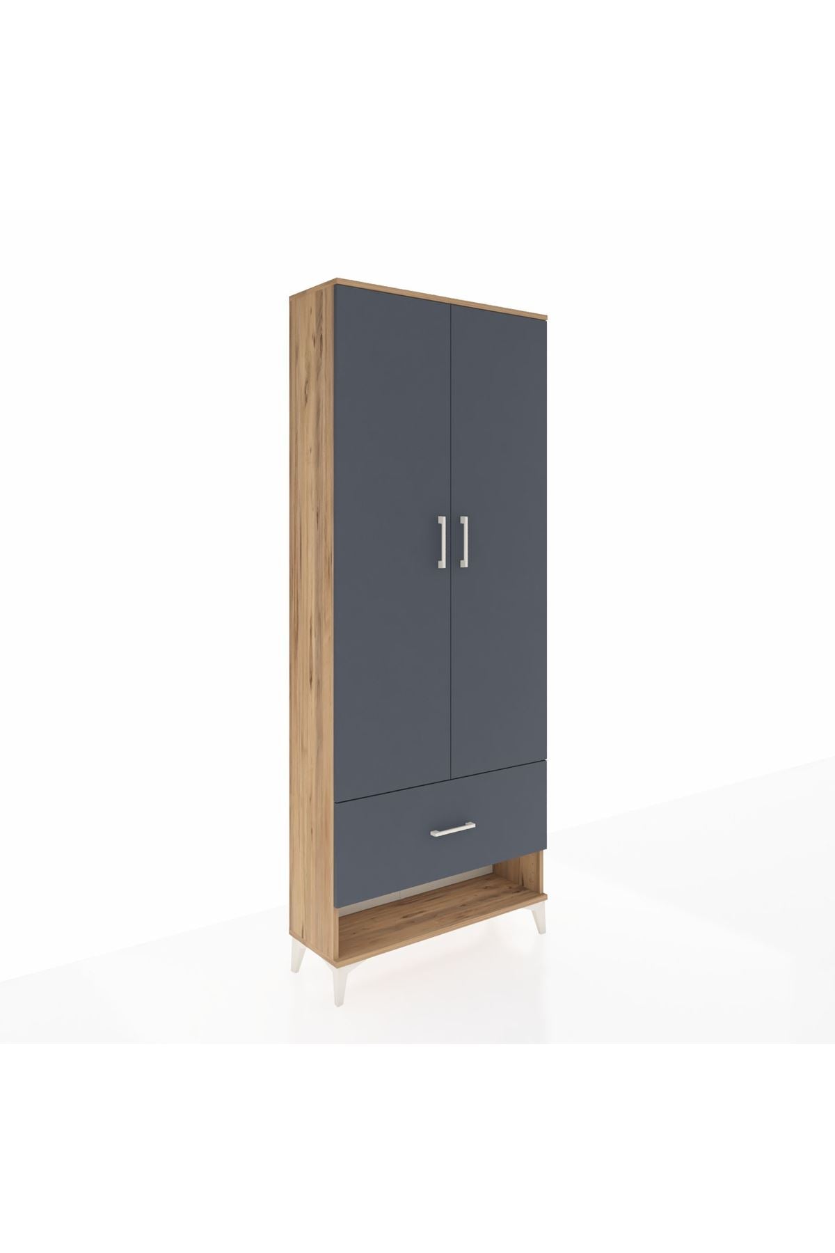 Arges Dolap 4 Raflı Tek Çekmeceli 2 Kapaklı 88x30x221 Çam-Antrasit