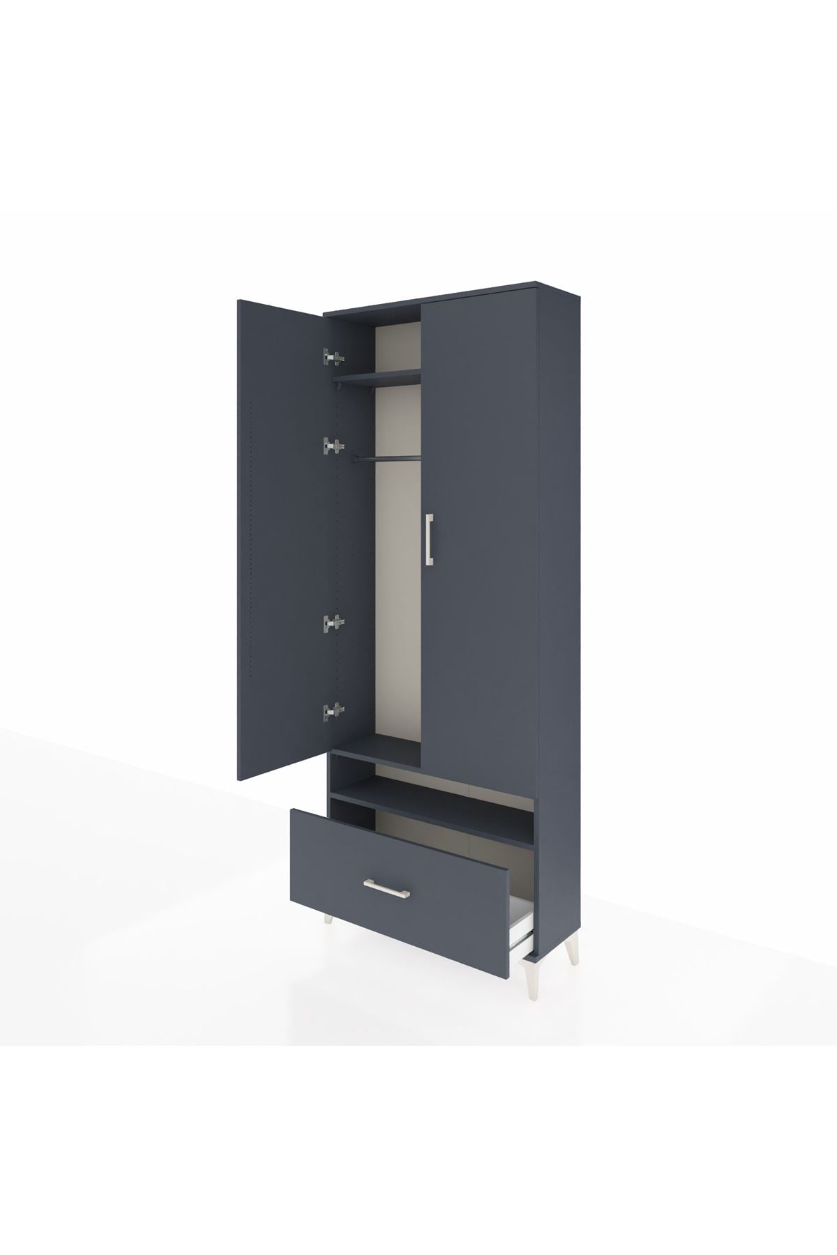 Arges Dolap 3 Raflı Tek Çekmeceli Tek Askılı 88x30x221 Antrasit-Antrasit