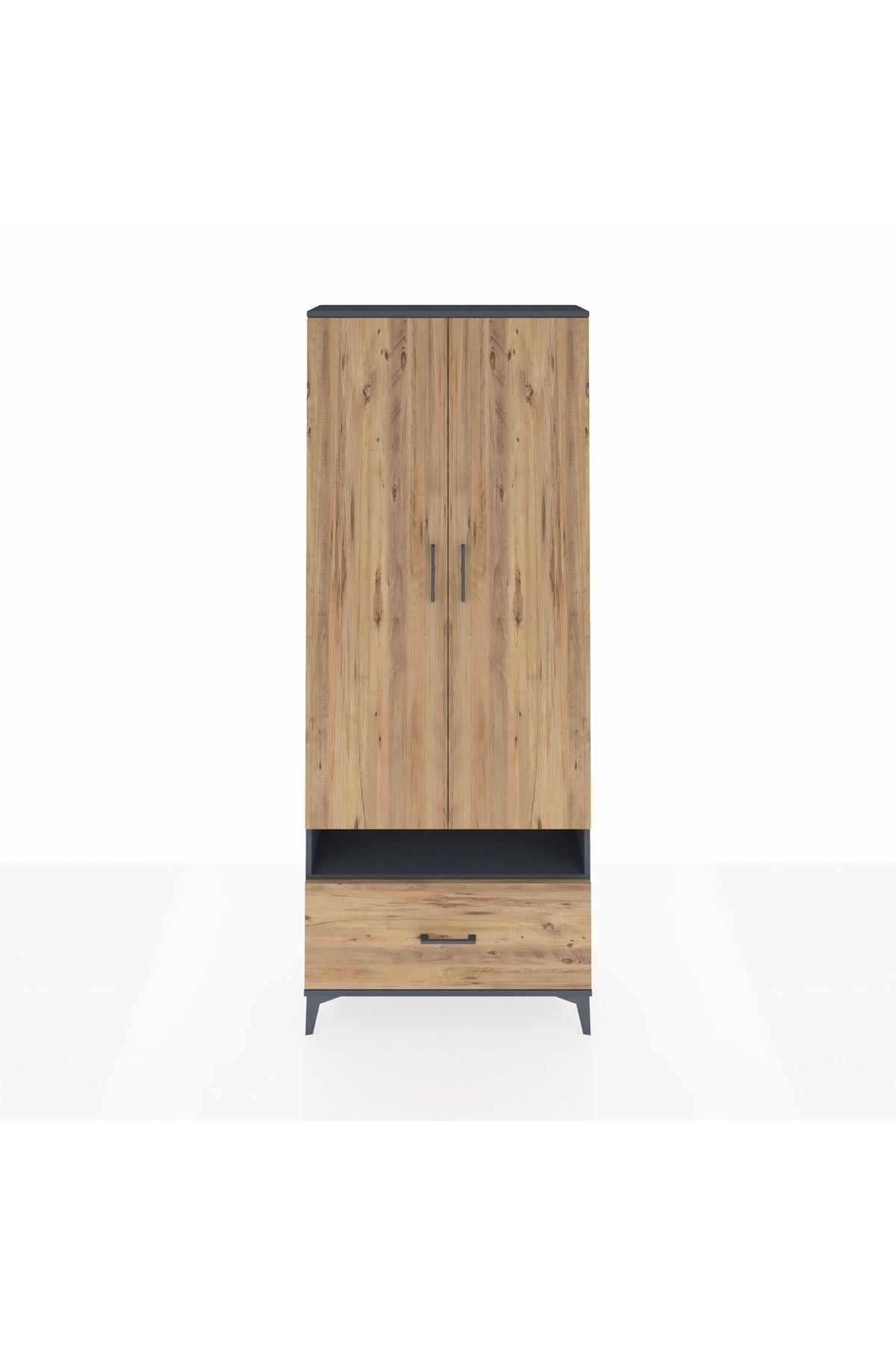 Arges Dolap 3 Raflı Tek Çekmeceli Tek Askılı 88x30x221 Antrasit-Çam