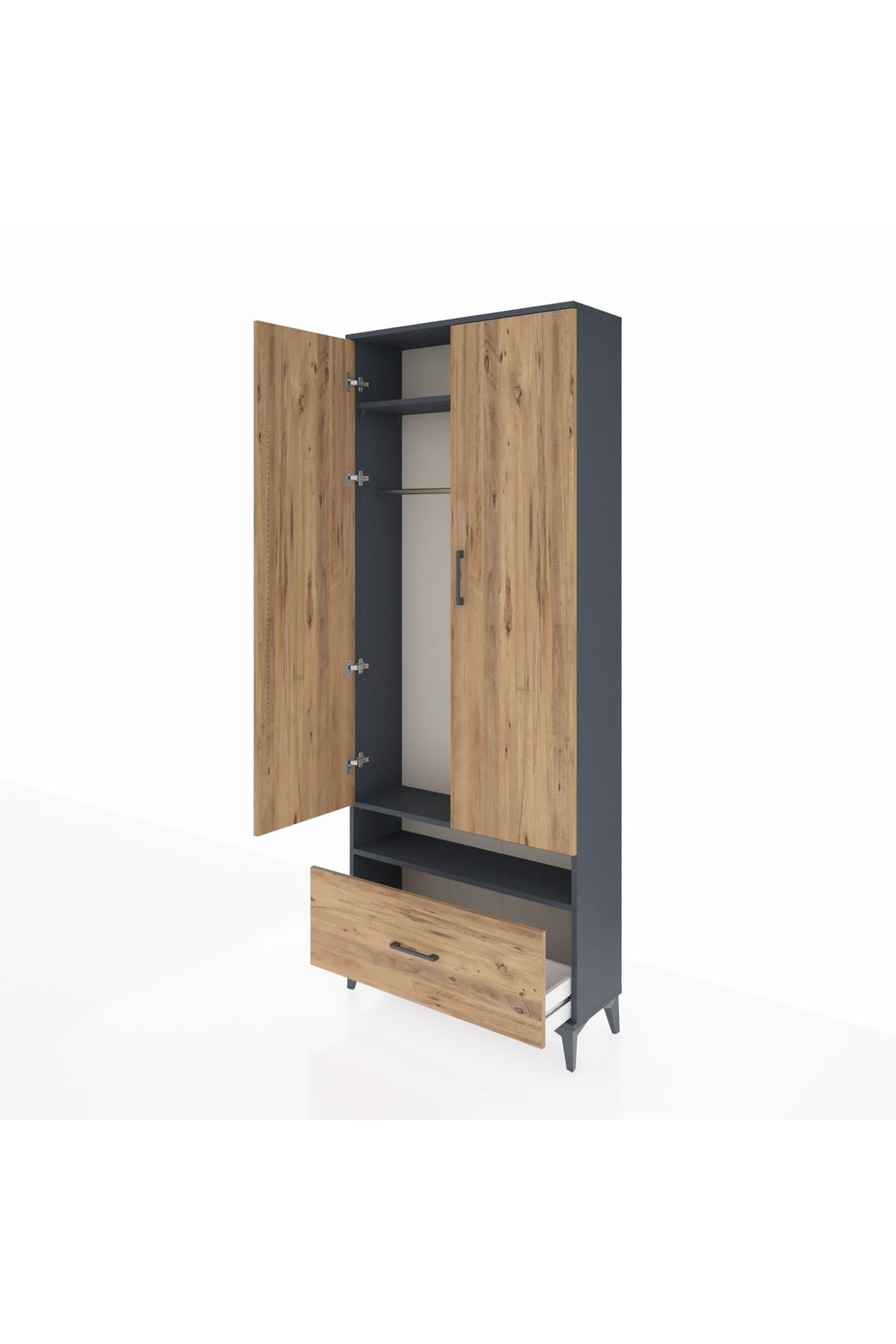 Arges Dolap 3 Raflı Tek Çekmeceli Tek Askılı 88x30x221 Antrasit-Çam