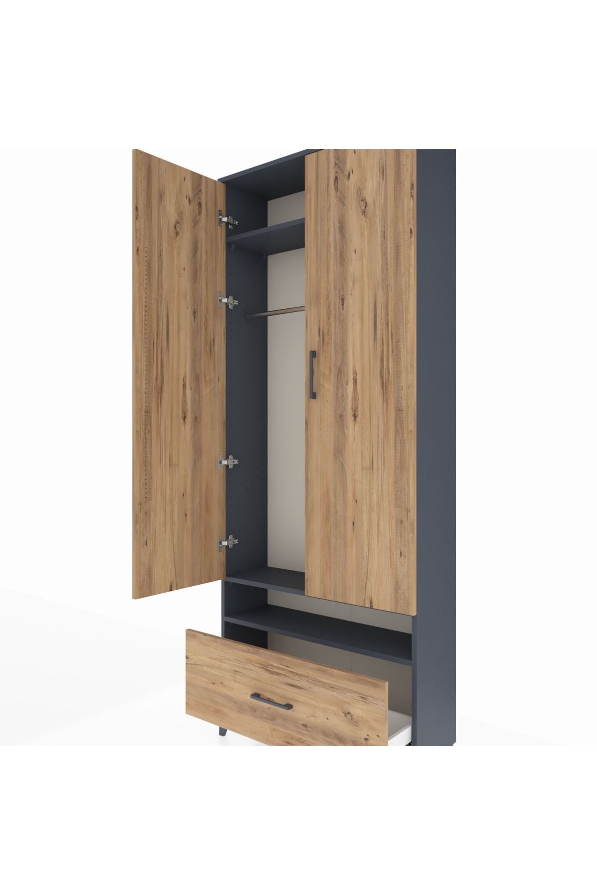 Arges Dolap 3 Raflı Tek Çekmeceli Tek Askılı 88x30x221 Antrasit-Çam