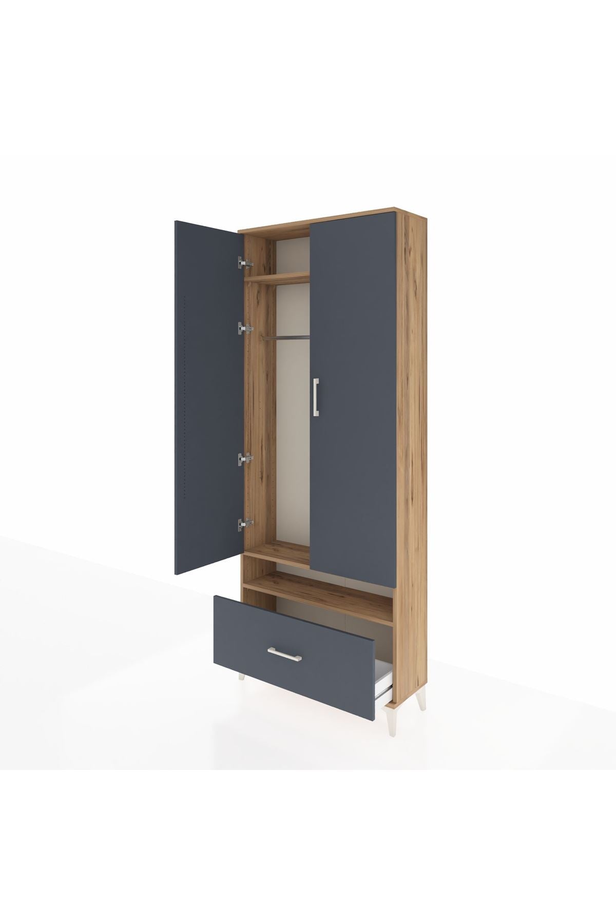 Arges Dolap 3 Raflı Tek Çekmeceli Tek Askılı 88x30x221 Çam-Antrasit