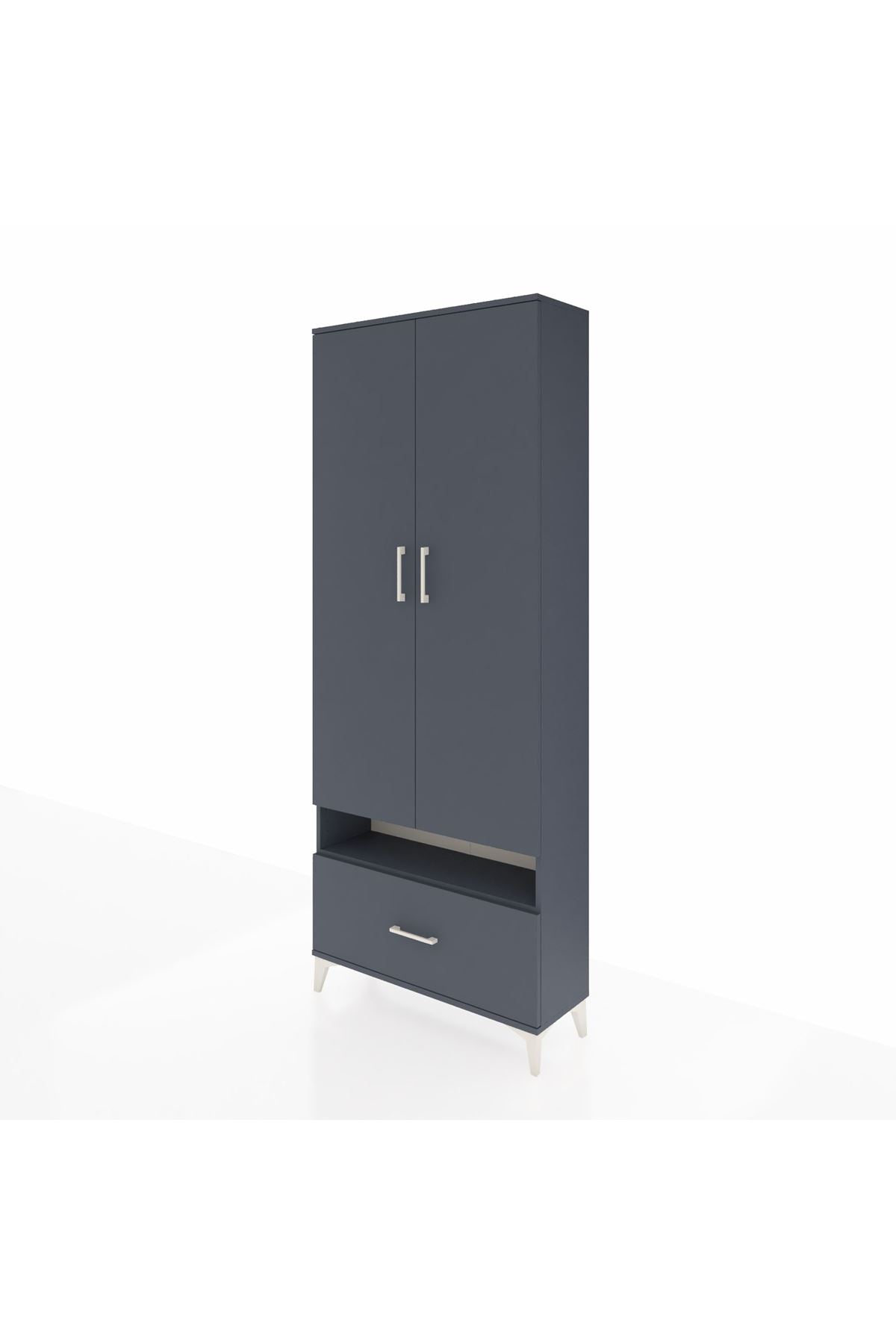 Arges Dolap 5 Raflı Tek Çekmeceli 2 Kapaklı 88x30x221 Antrasit-Antrasit