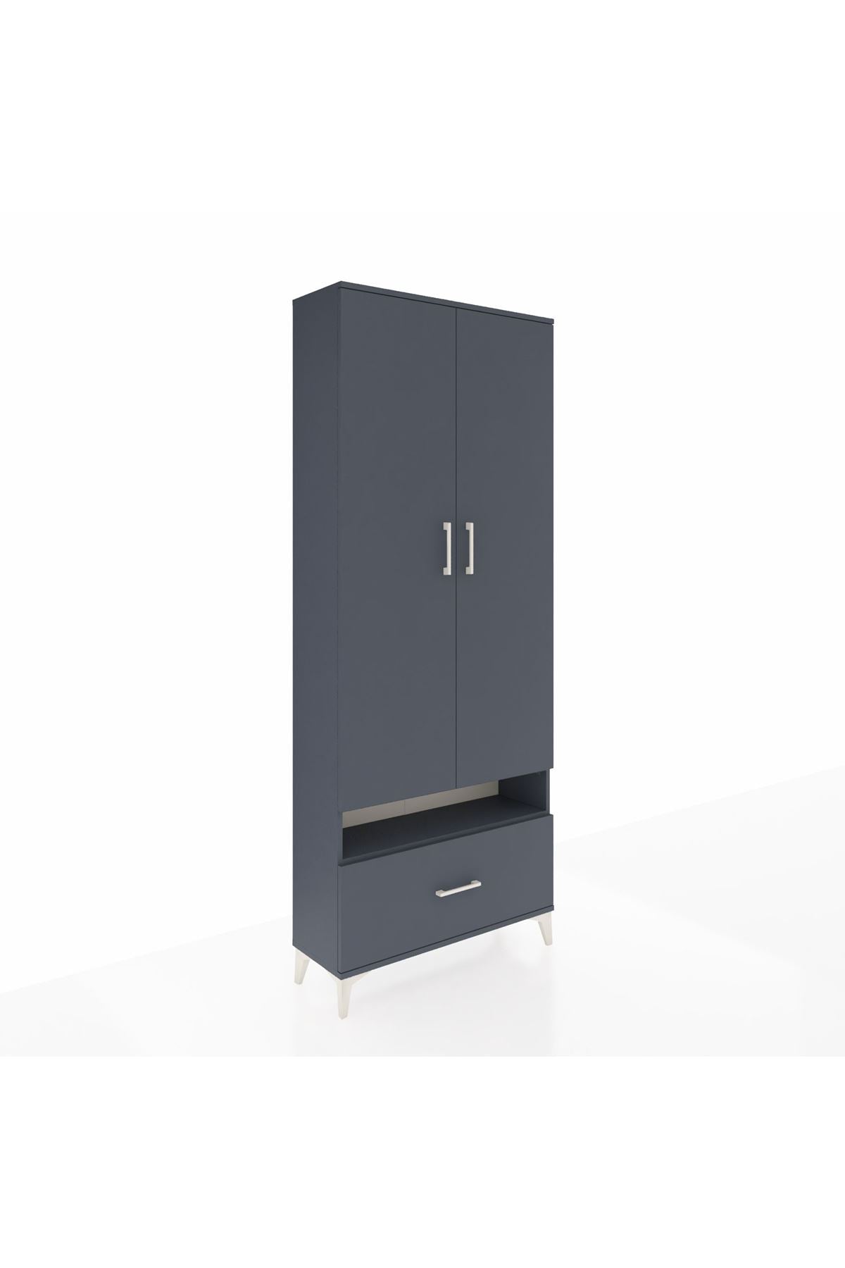 Arges Dolap 5 Raflı Tek Çekmeceli 2 Kapaklı 88x30x221 Antrasit-Antrasit