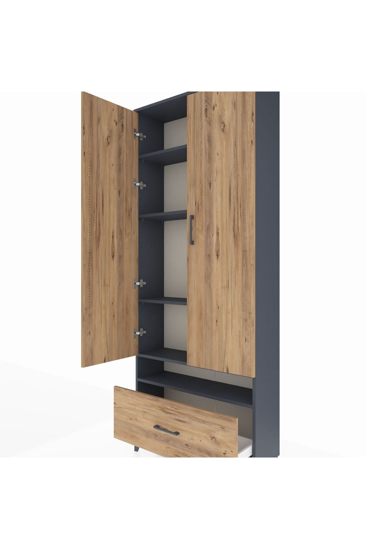 Arges Dolap 5 Raflı Tek Çekmeceli 2 Kapaklı 88x30x221 Antrasit-Çam