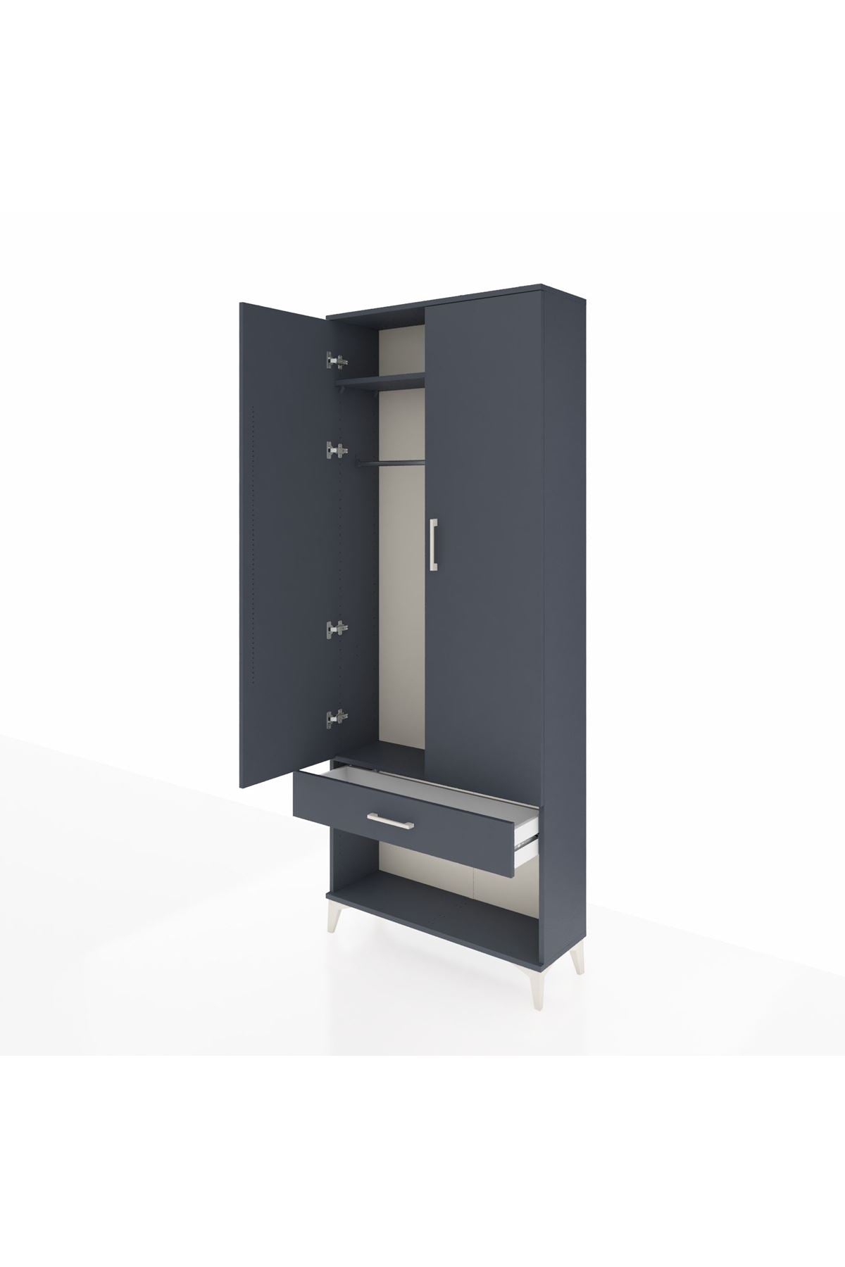 Arges Dolap 2 Raflı Tek Çekmeceli Tek Askılı 88x30x221 Antrasit-Antrasit