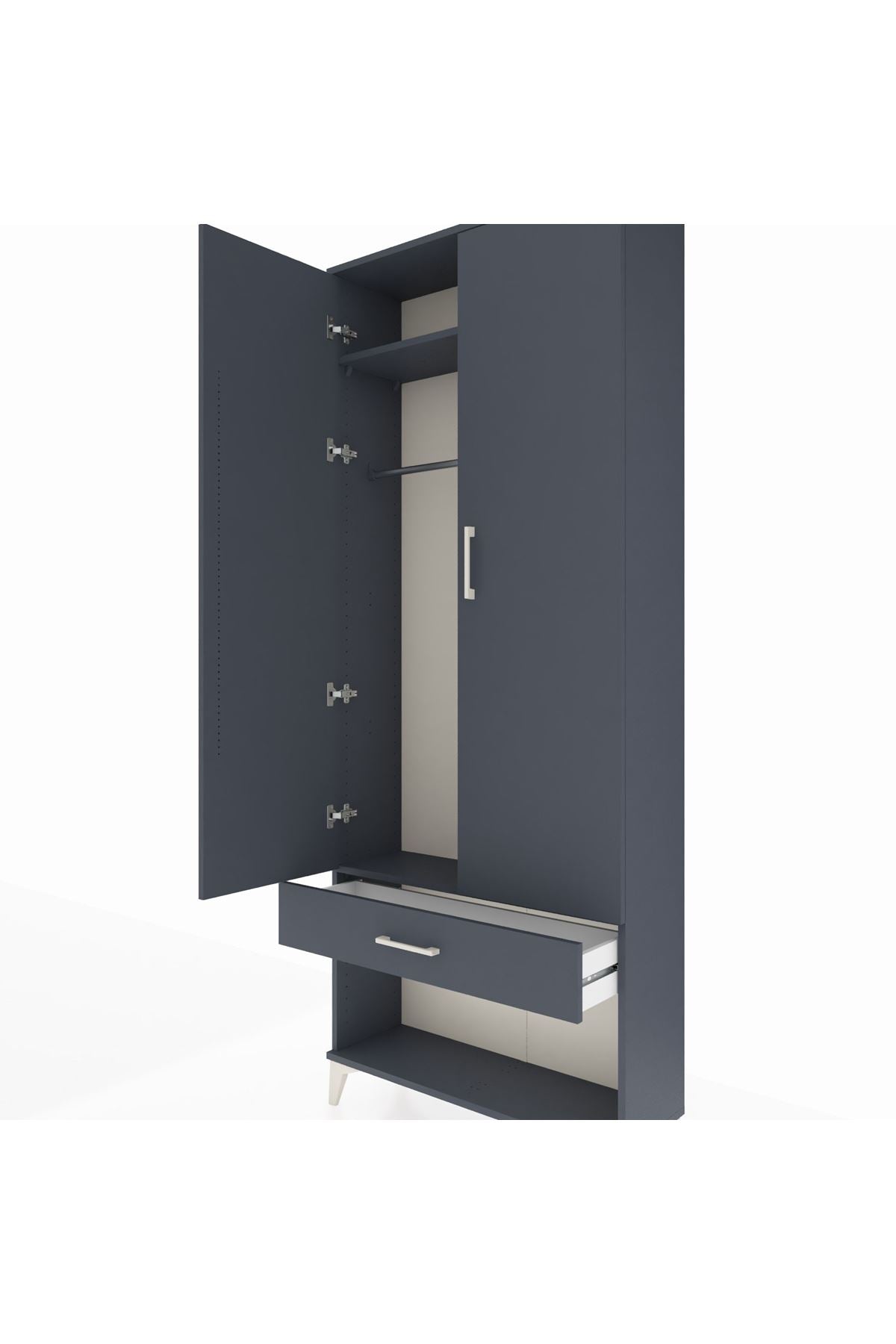 Arges Dolap 2 Raflı Tek Çekmeceli Tek Askılı 88x30x221 Antrasit-Antrasit