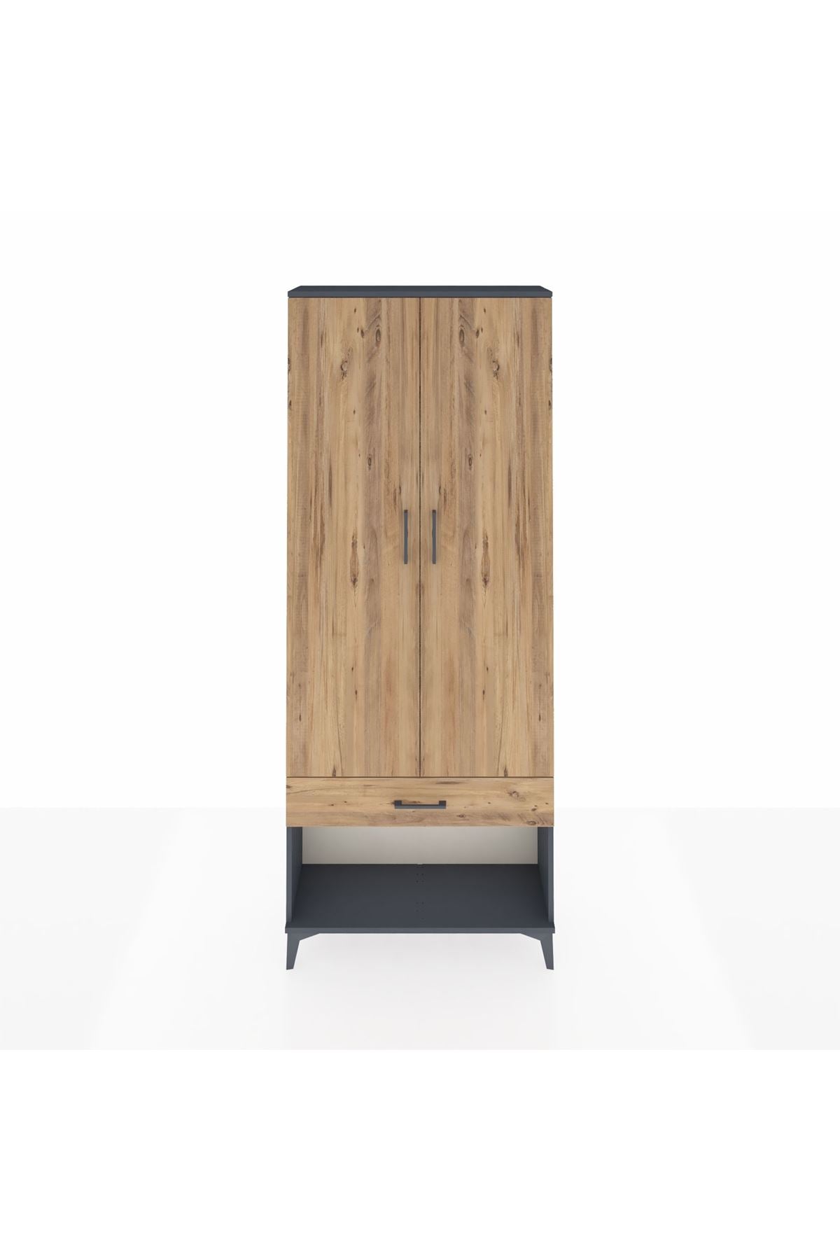 Arges Dolap 2 Raflı Tek Çekmeceli Tek Askılı 88x30x221 Antrasit-Çam