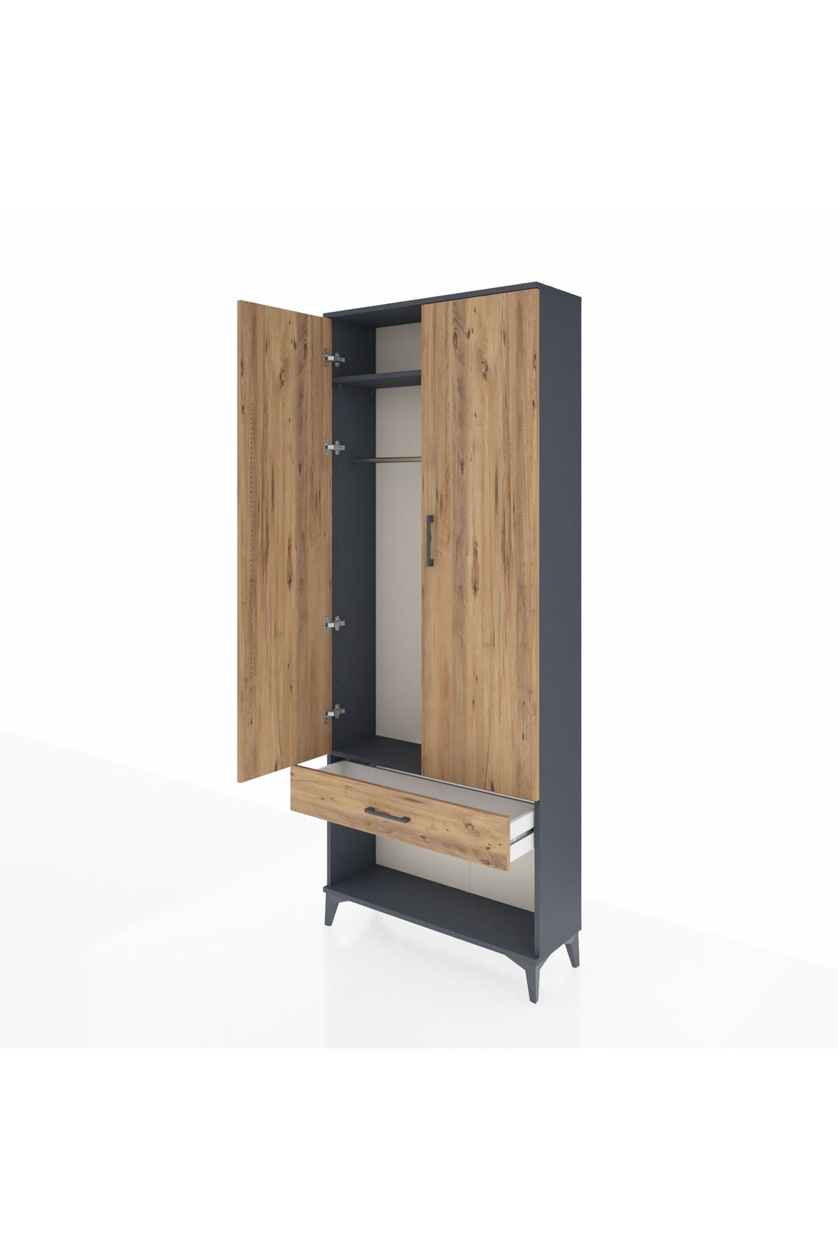 Arges Dolap 2 Raflı Tek Çekmeceli Tek Askılı 88x30x221 Antrasit-Çam