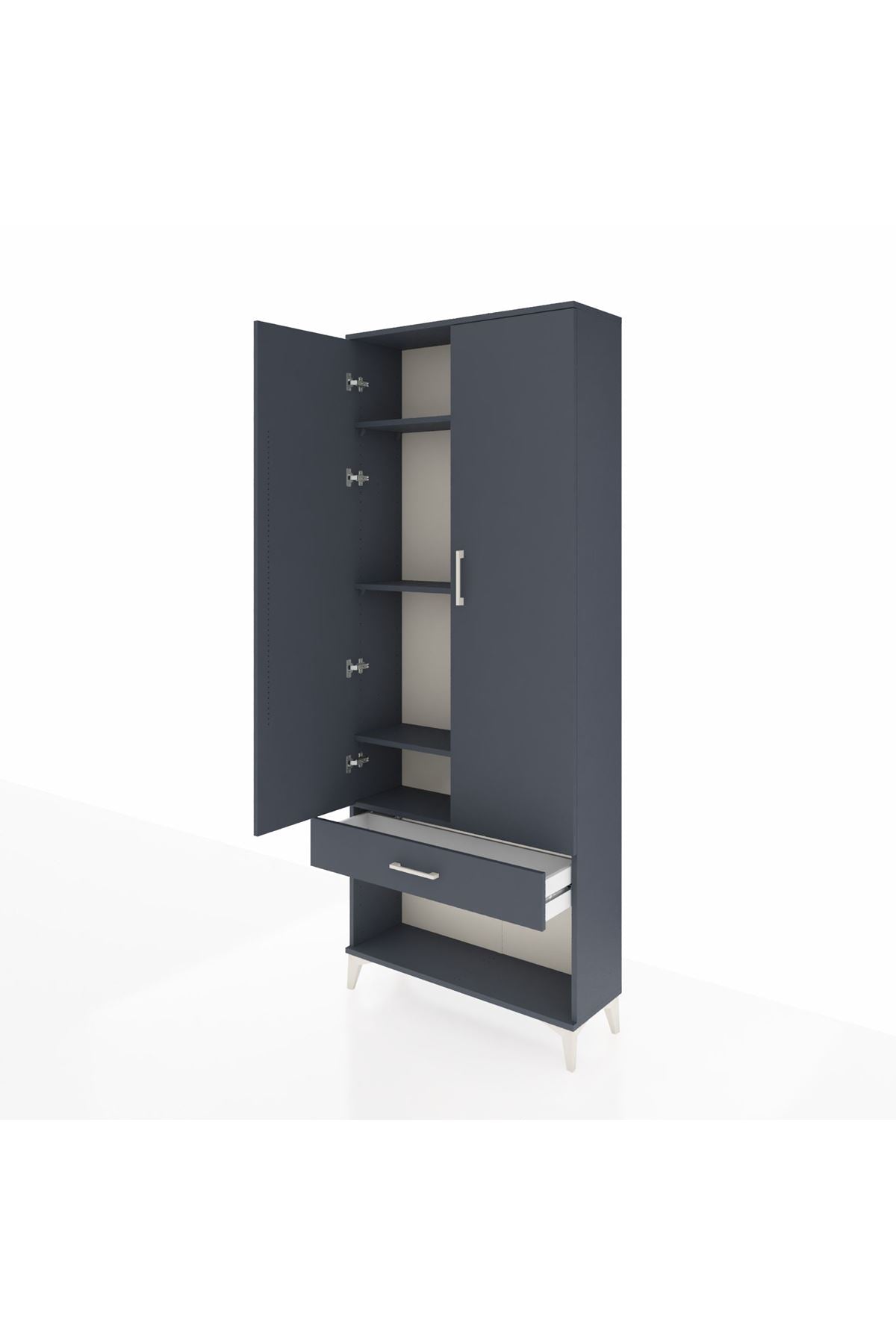 Arges Dolap 4 Raflı Tek Çekmeceli 2 Kapaklı 88x30x221 Antrasit-Antrasit