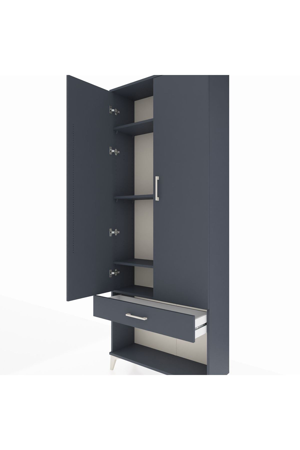 Arges Dolap 4 Raflı Tek Çekmeceli 2 Kapaklı 88x30x221 Antrasit-Antrasit