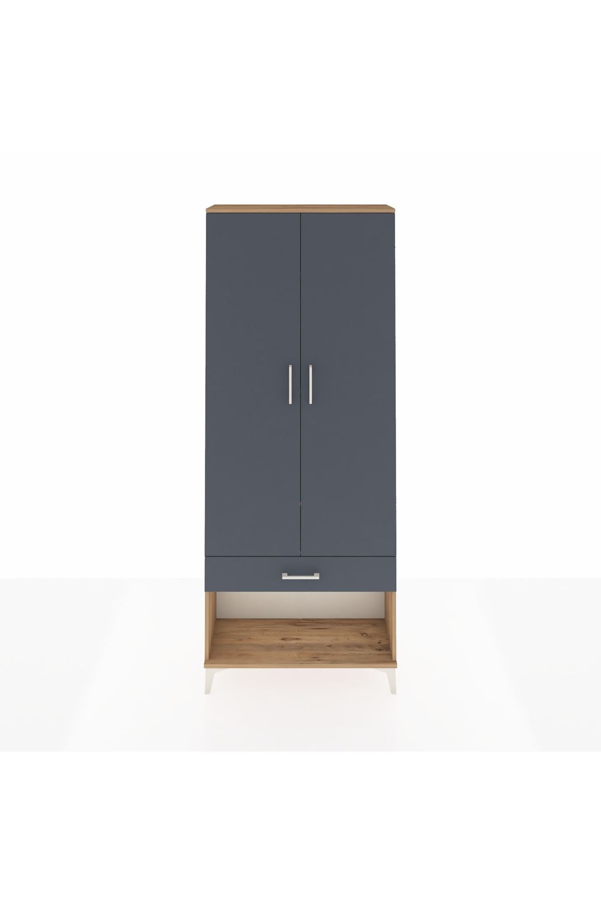 Arges Dolap 4 Raflı Tek Çekmeceli 2 Kapaklı 88x30x221 Çam-Antrasit