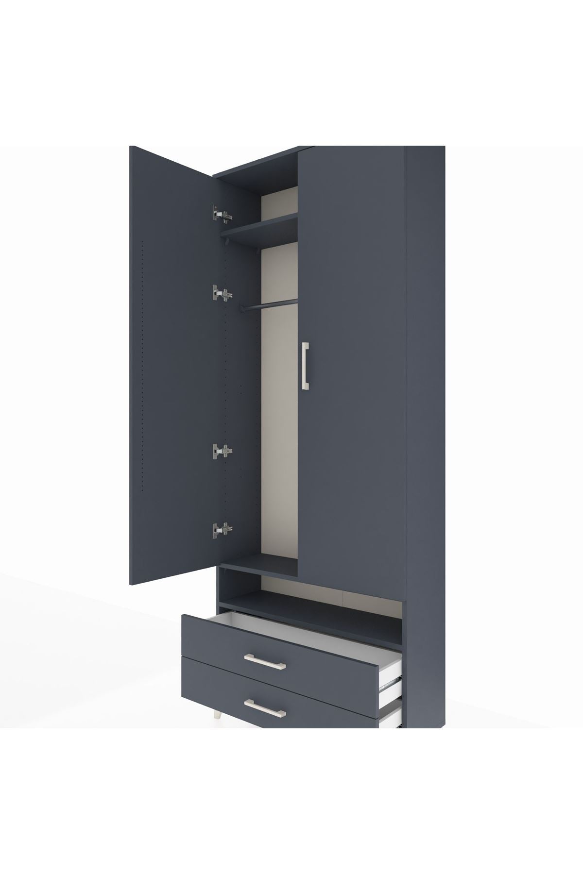 Arges Dolap 3 Raflı 2 Çekmeceli Tek Askılı 88x30x221 Antrasit-Antrasit