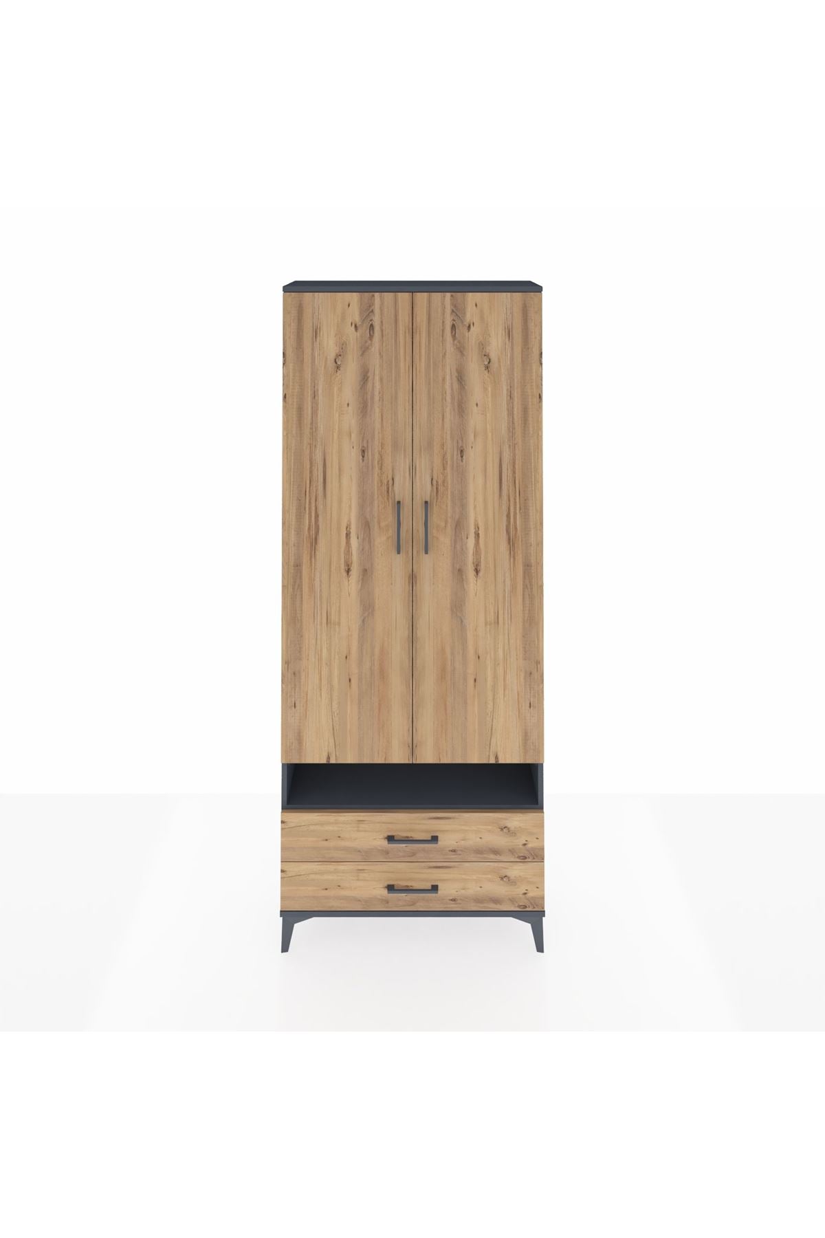 Arges Dolap 3 Raflı 2 Çekmeceli Tek Askılı 88x30x221 Antrasit-Çam