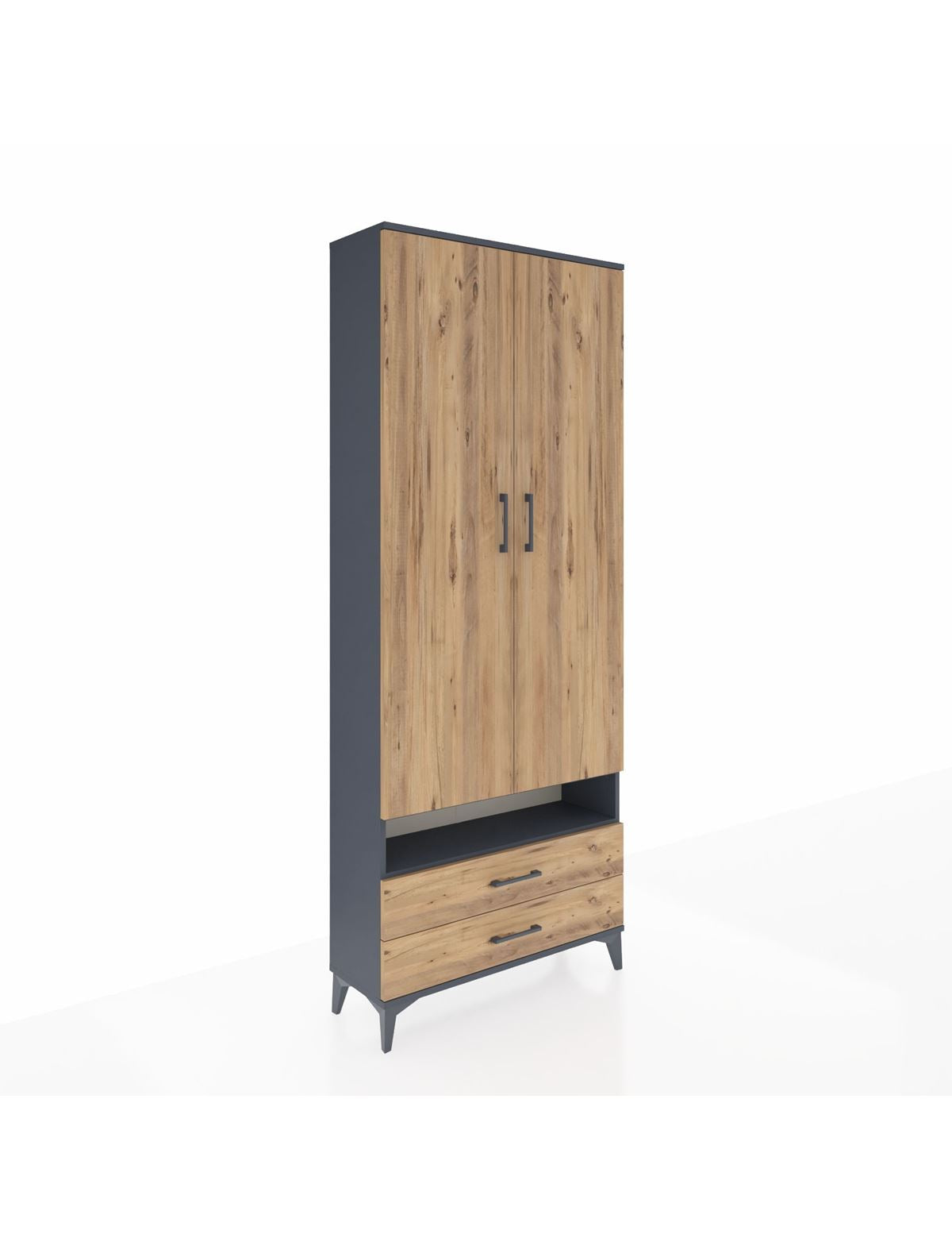 Arges Dolap 3 Raflı 2 Çekmeceli Tek Askılı 88x30x221 Antrasit-Çam