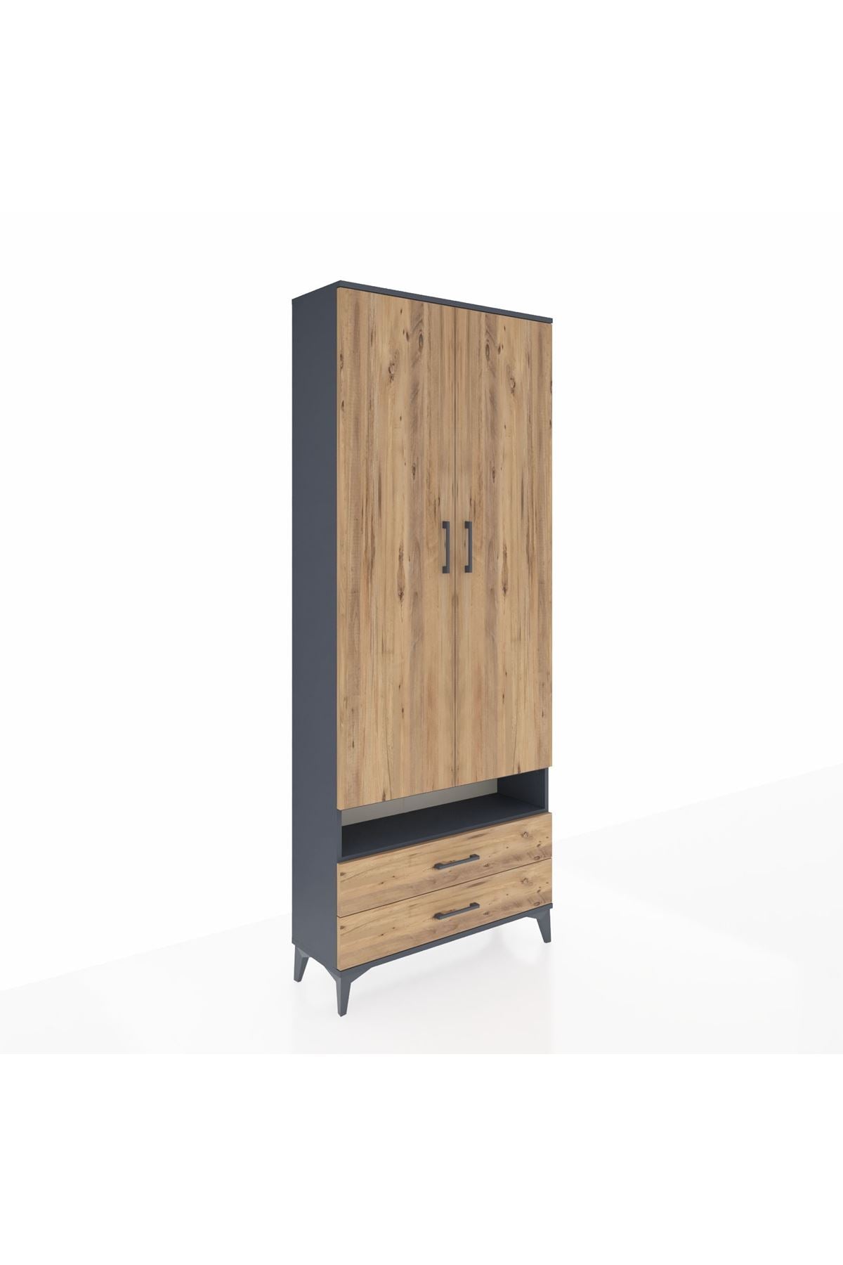 Arges Dolap 3 Raflı 2 Çekmeceli Tek Askılı 88x30x221 Antrasit-Çam