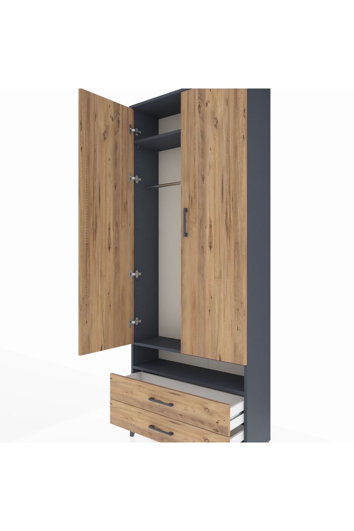 Arges Dolap 3 Raflı 2 Çekmeceli Tek Askılı 88x30x221 Antrasit-Çam