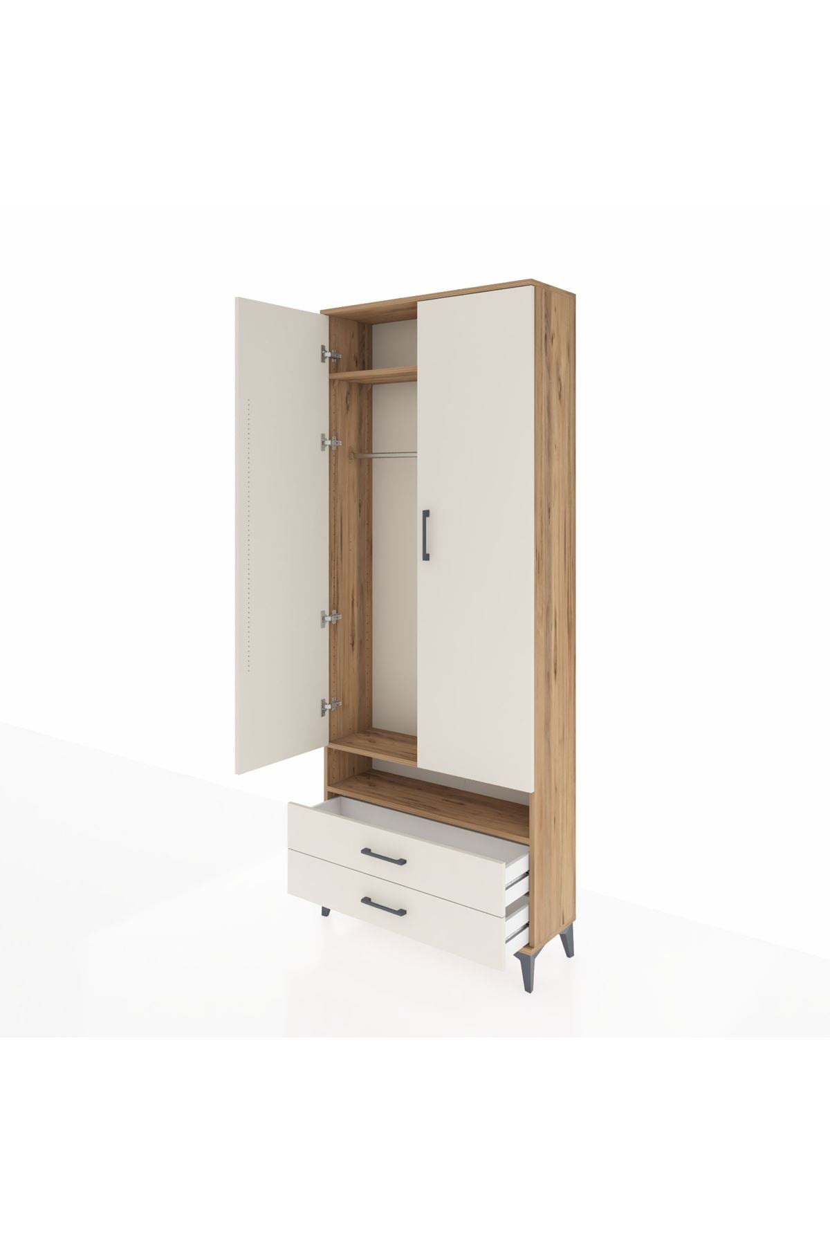 Arges Dolap 3 Raflı 2 Çekmeceli Tek Askılı 88x30x221 Çam-Aytaşı