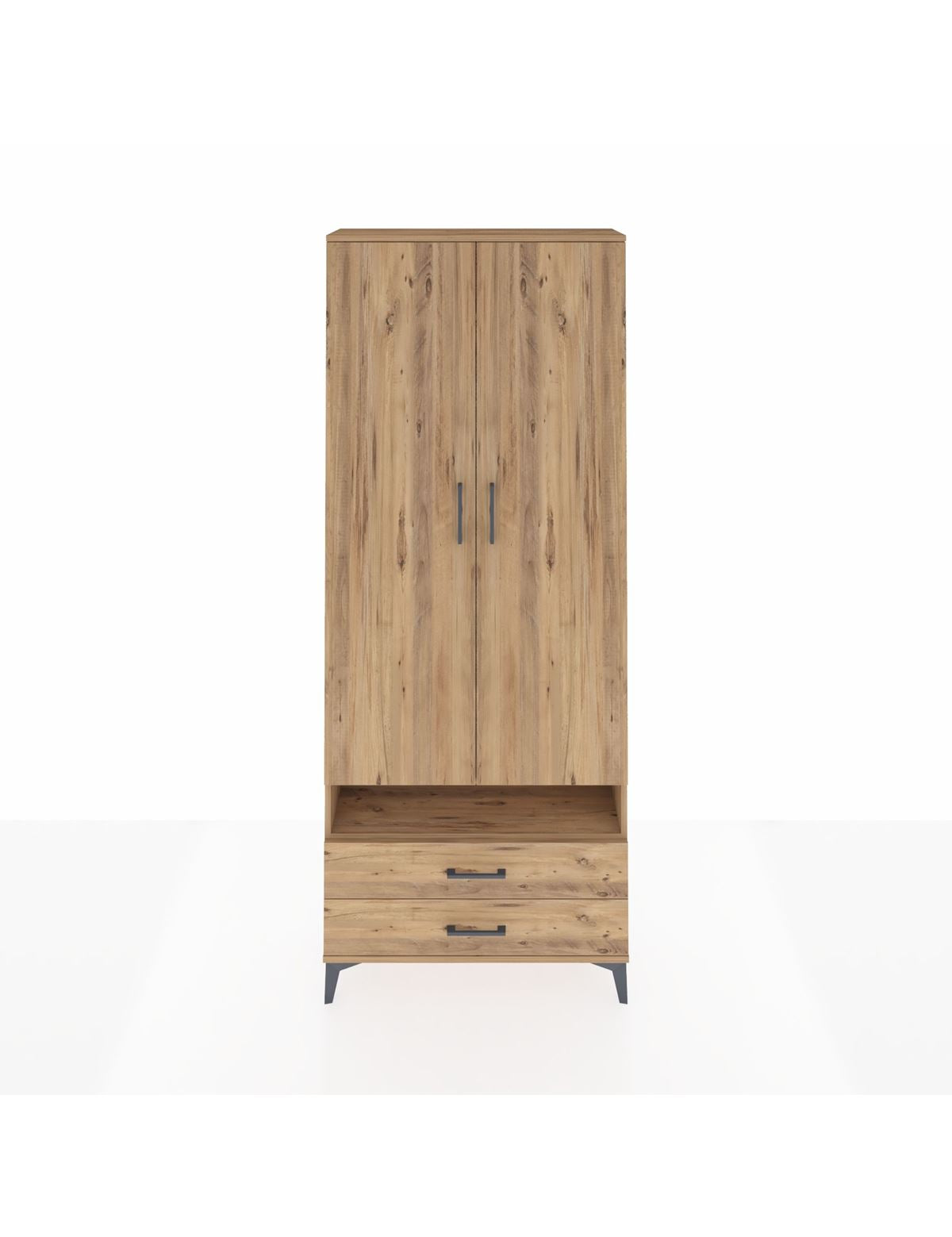 Arges Dolap 3 Raflı 2 Çekmeceli Tek Askılı 88x30x221 Çam-Çam