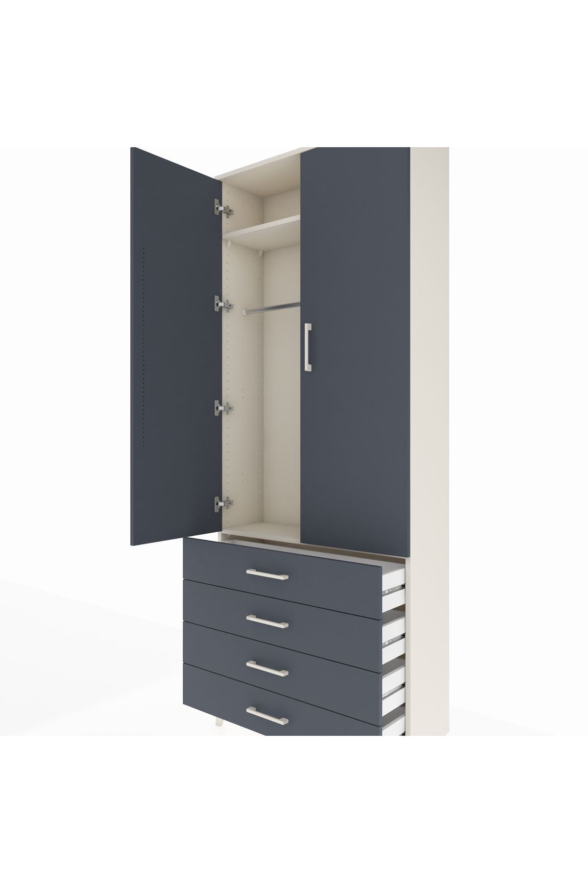 Arges Dolap 2 Raflı 4 Çekmeceli Tek Askılı 88x30x221 Aytaşı-Antrasit