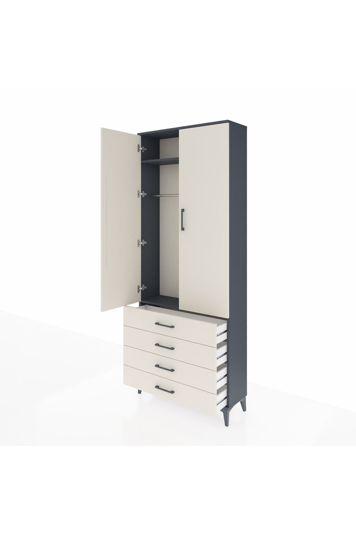 Arges Dolap 2 Raflı 4 Çekmeceli Tek Askılı 88x30x221 Antrasit-Aytaşı