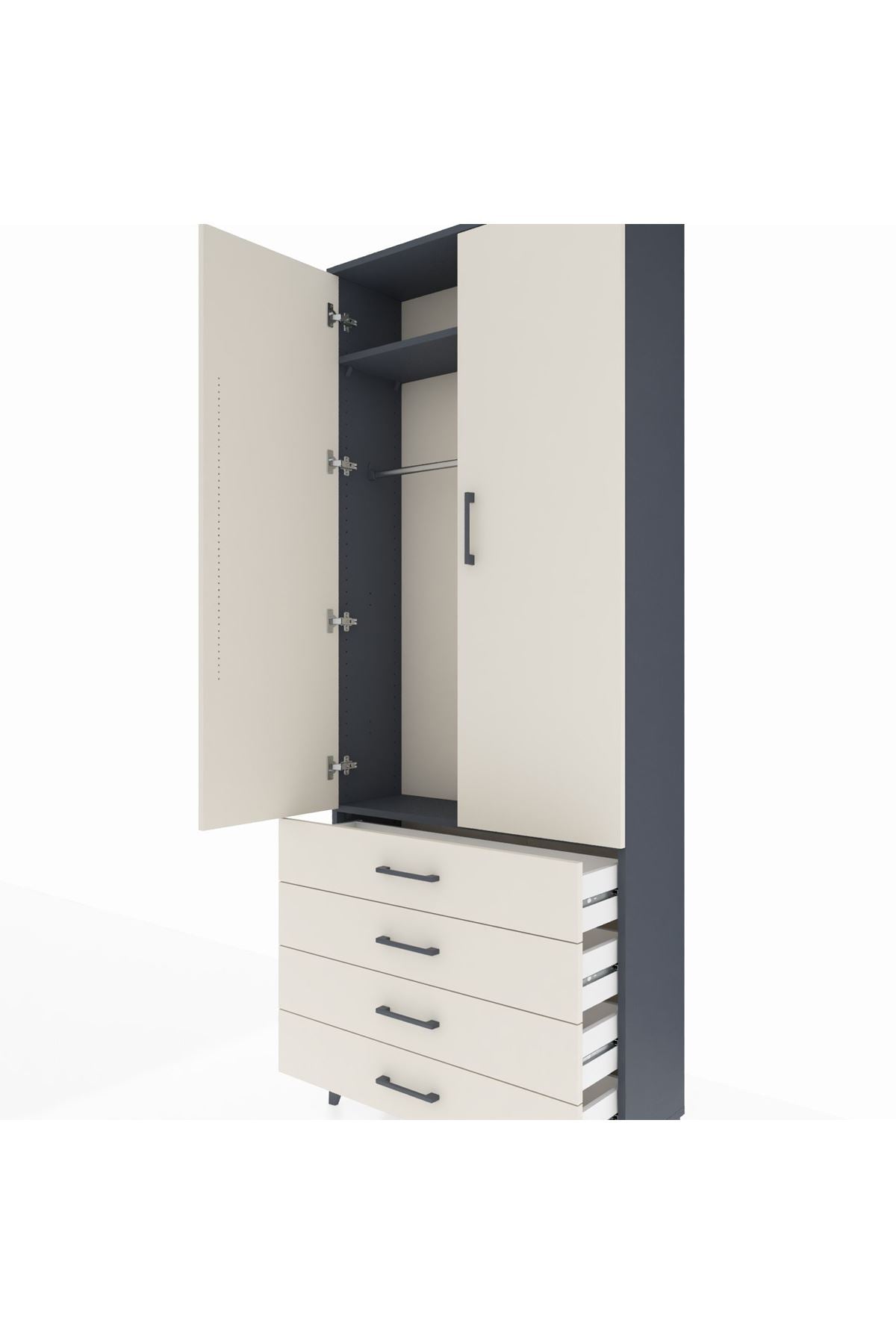 Arges Dolap 2 Raflı 4 Çekmeceli Tek Askılı 88x30x221 Antrasit-Aytaşı