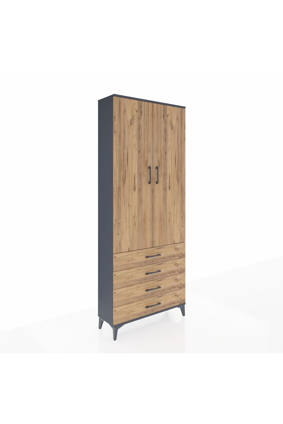 Arges Dolap 2 Raflı 4 Çekmeceli Tek Askılı 88x30x221 Antrasit-Çam