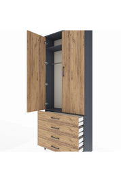 Arges Dolap 2 Raflı 4 Çekmeceli Tek Askılı 88x30x221 Antrasit-Çam