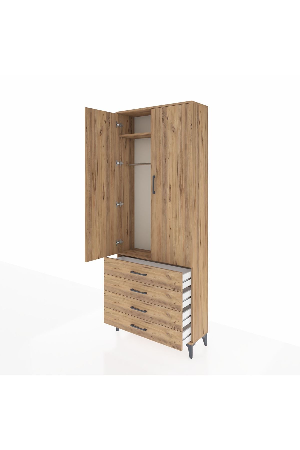 Arges Dolap 2 Raflı 4 Çekmeceli Tek Askılı 88x30x221 Çam-Çam