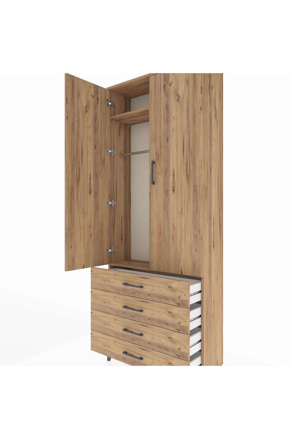 Arges Dolap 2 Raflı 4 Çekmeceli Tek Askılı 88x30x221 Çam-Çam