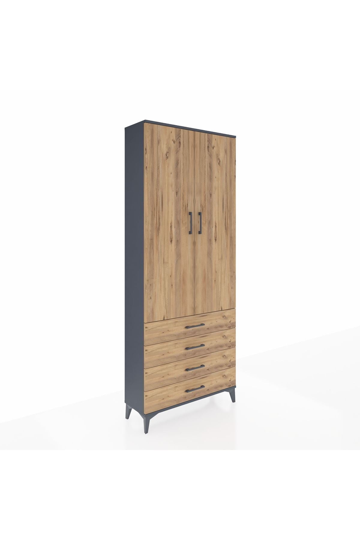 Arges Dolap 3 Raflı 4 Çekmeceli 2 Kapaklı 88x30x221 Antrasit-Çam