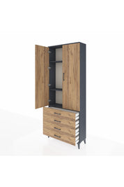 Arges Dolap 3 Raflı 4 Çekmeceli 2 Kapaklı 88x30x221 Antrasit-Çam