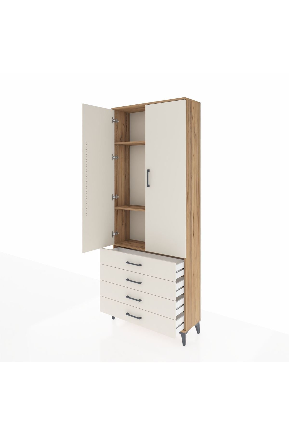 Arges Dolap 3 Raflı 4 Çekmeceli 2 Kapaklı 88x30x221 Çam-Aytaşı