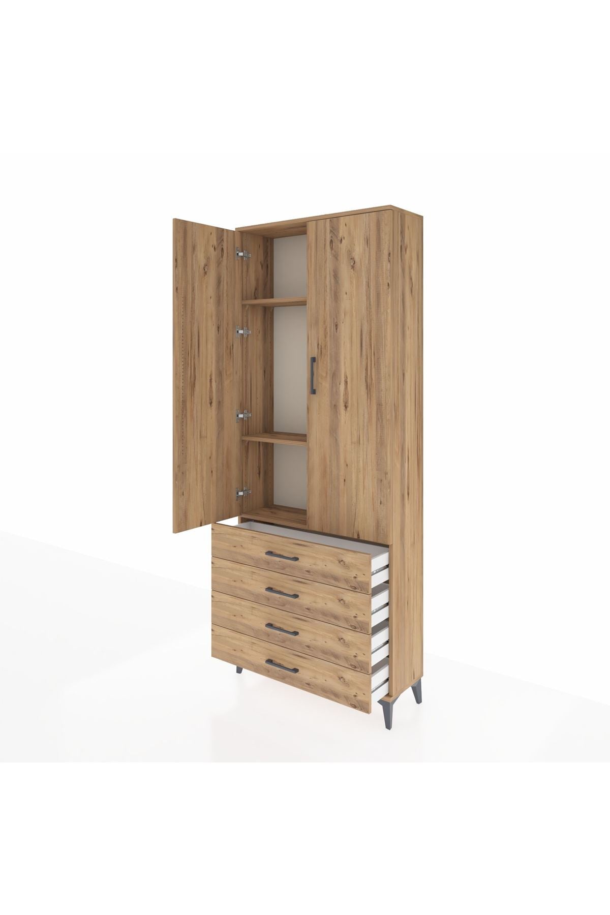 Arges Dolap 3 Raflı 4 Çekmeceli 2 Kapaklı 88x30x221 Çam-Çam