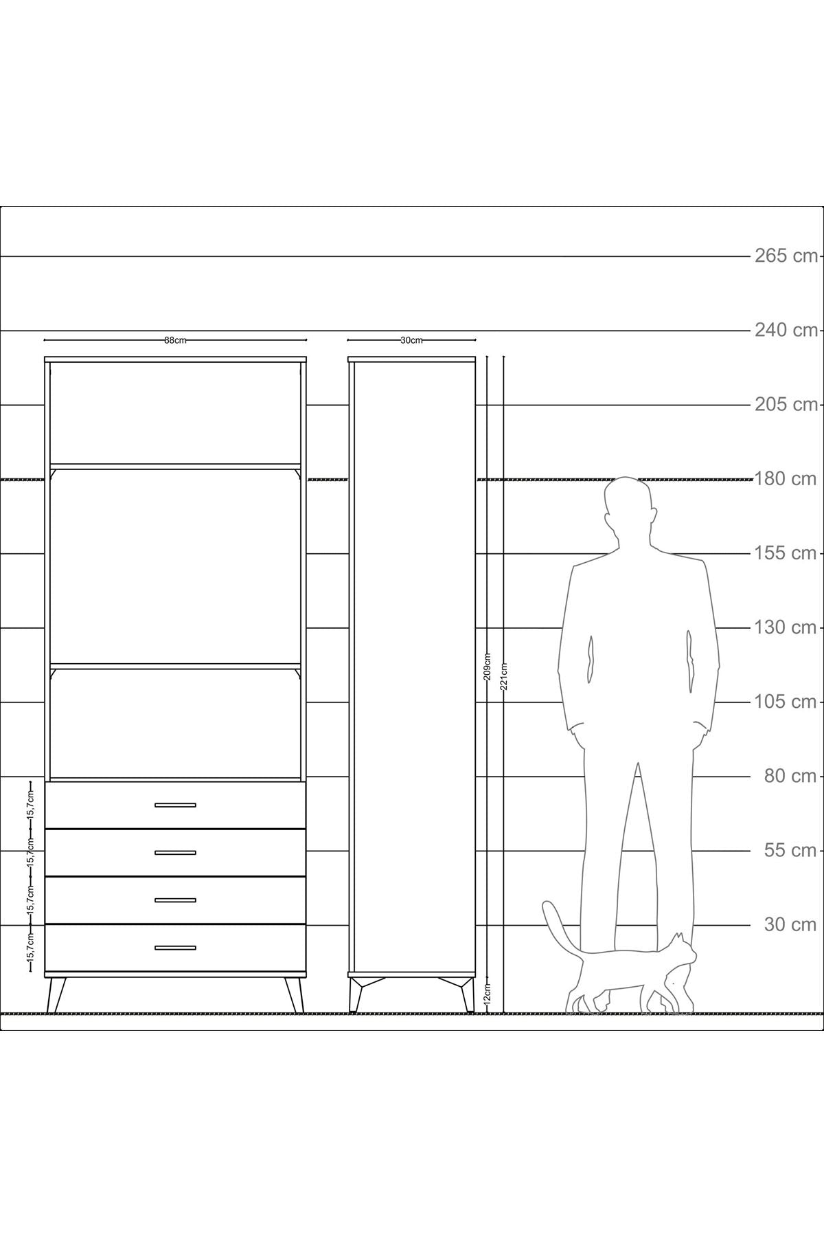 Arges Dolap 3 Raflı 4 Çekmeceli 88x30x221 Antrasit-Çam