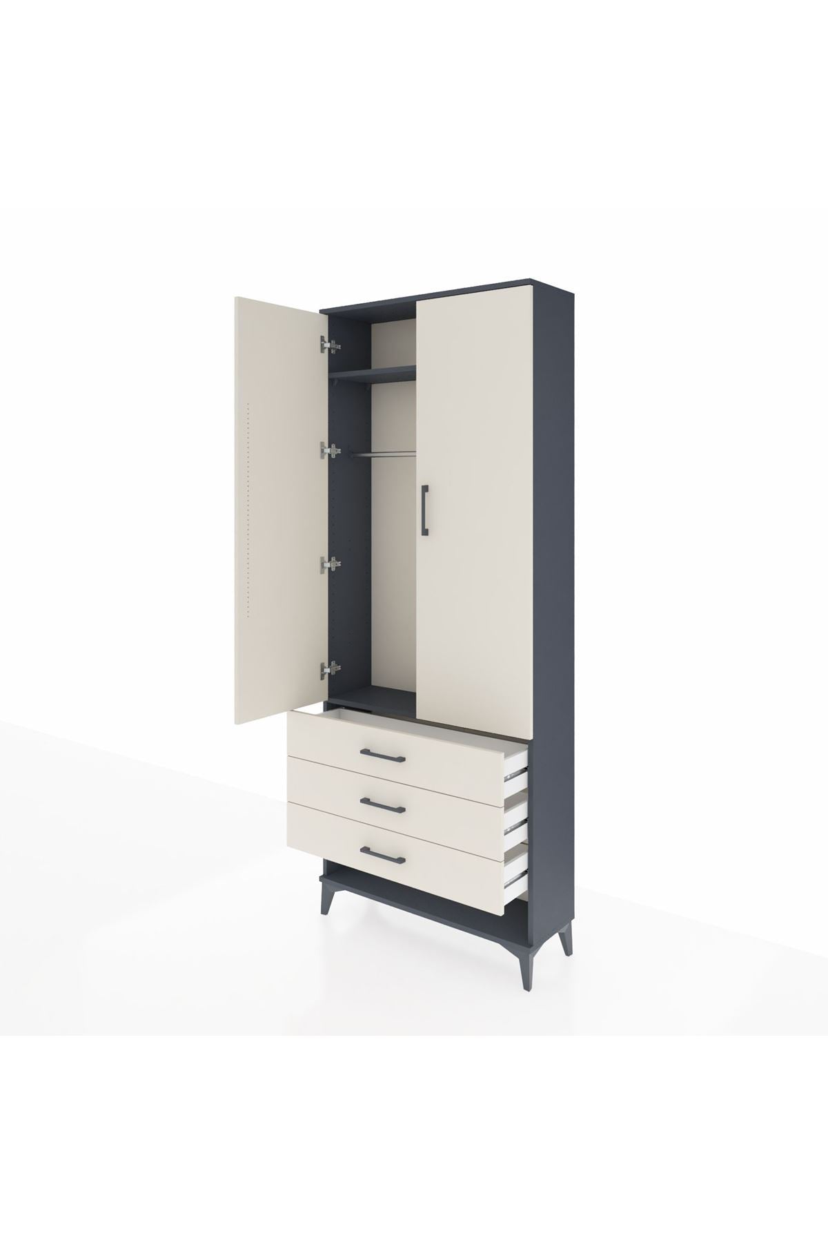 Arges Dolap 2 Raflı 3 Çekmeceli Tek Askılı 88x30x221 Antrasit-Aytaşı