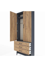Arges Dolap 2 Raflı 3 Çekmeceli Tek Askılı 88x30x221 Antrasit-Çam