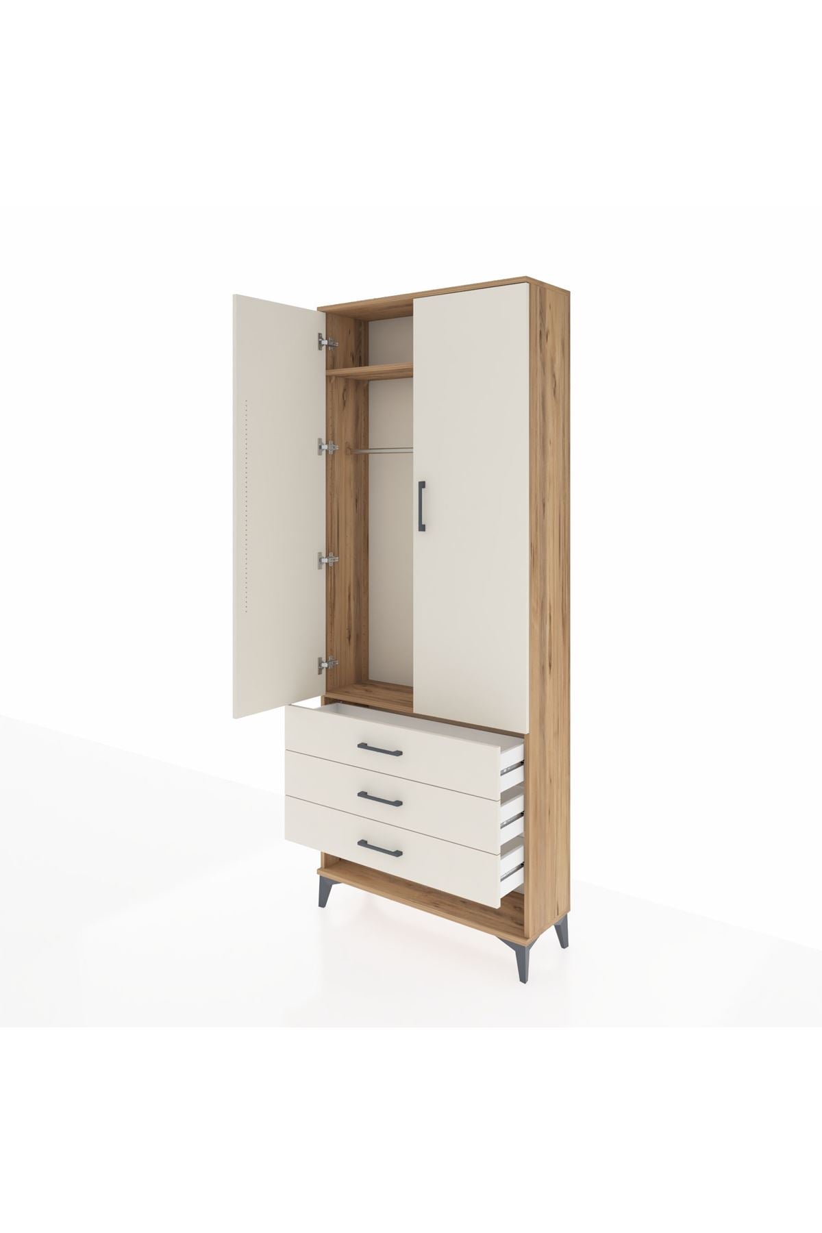 Arges Dolap 2 Raflı 3 Çekmeceli Tek Askılı 88x30x221 Çam-Aytaşı