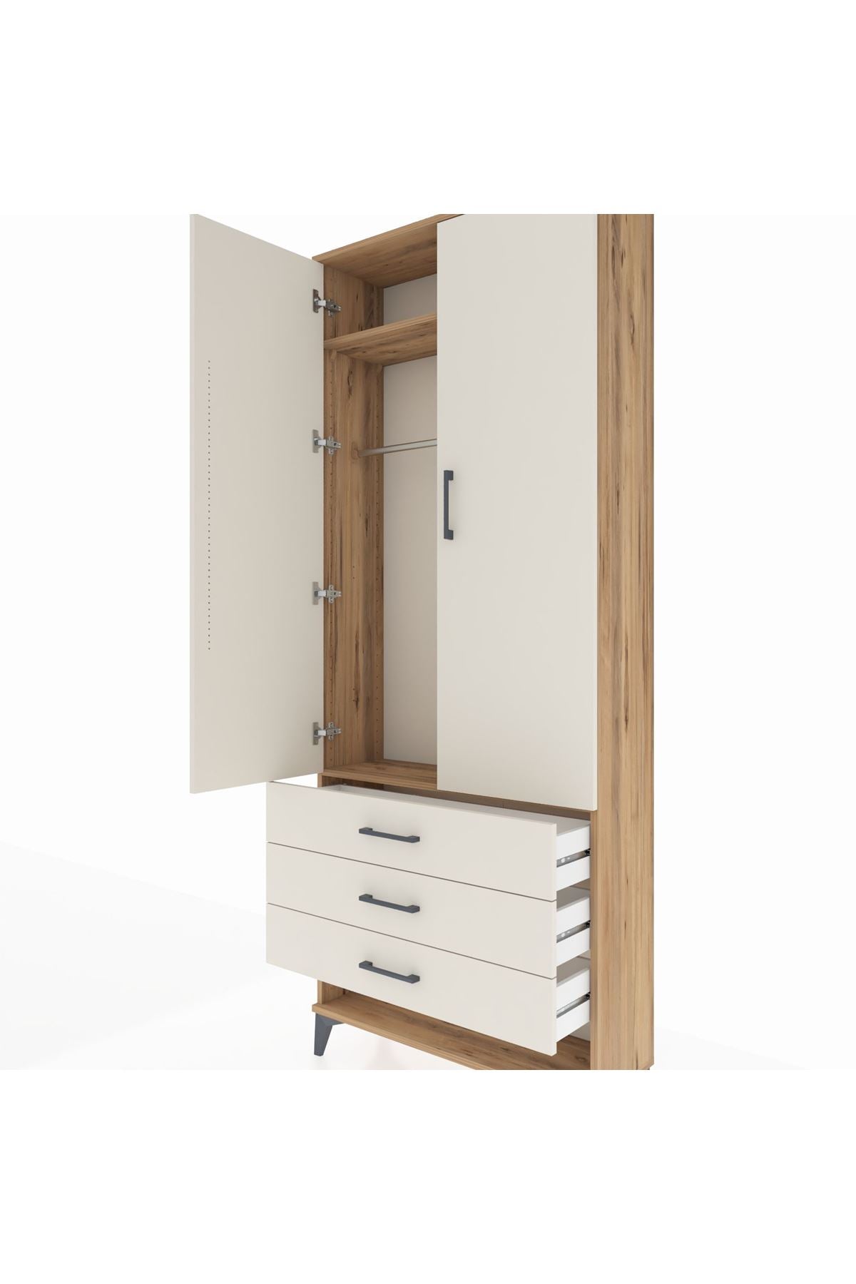 Arges Dolap 2 Raflı 3 Çekmeceli Tek Askılı 88x30x221 Çam-Aytaşı