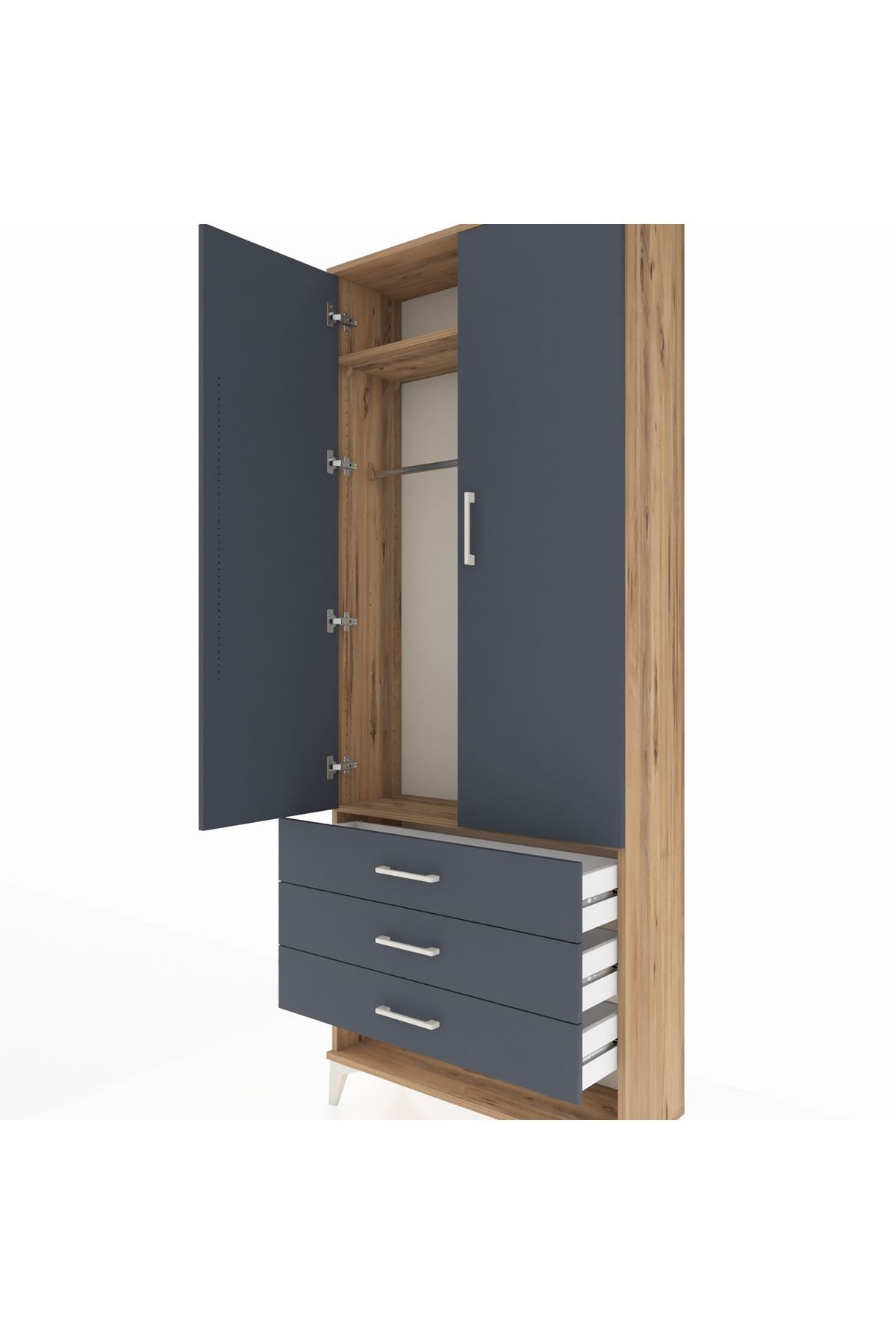 Arges Dolap 2 Raflı 3 Çekmeceli Tek Askılı 88x30x221 Çam-Antrasit