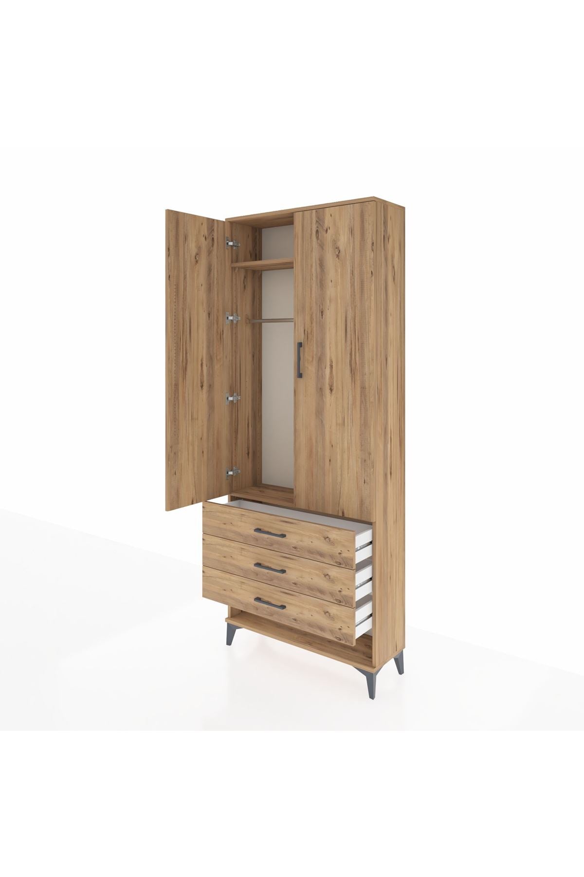 Arges Dolap 2 Raflı 3 Çekmeceli Tek Askılı 88x30x221 Çam-Çam