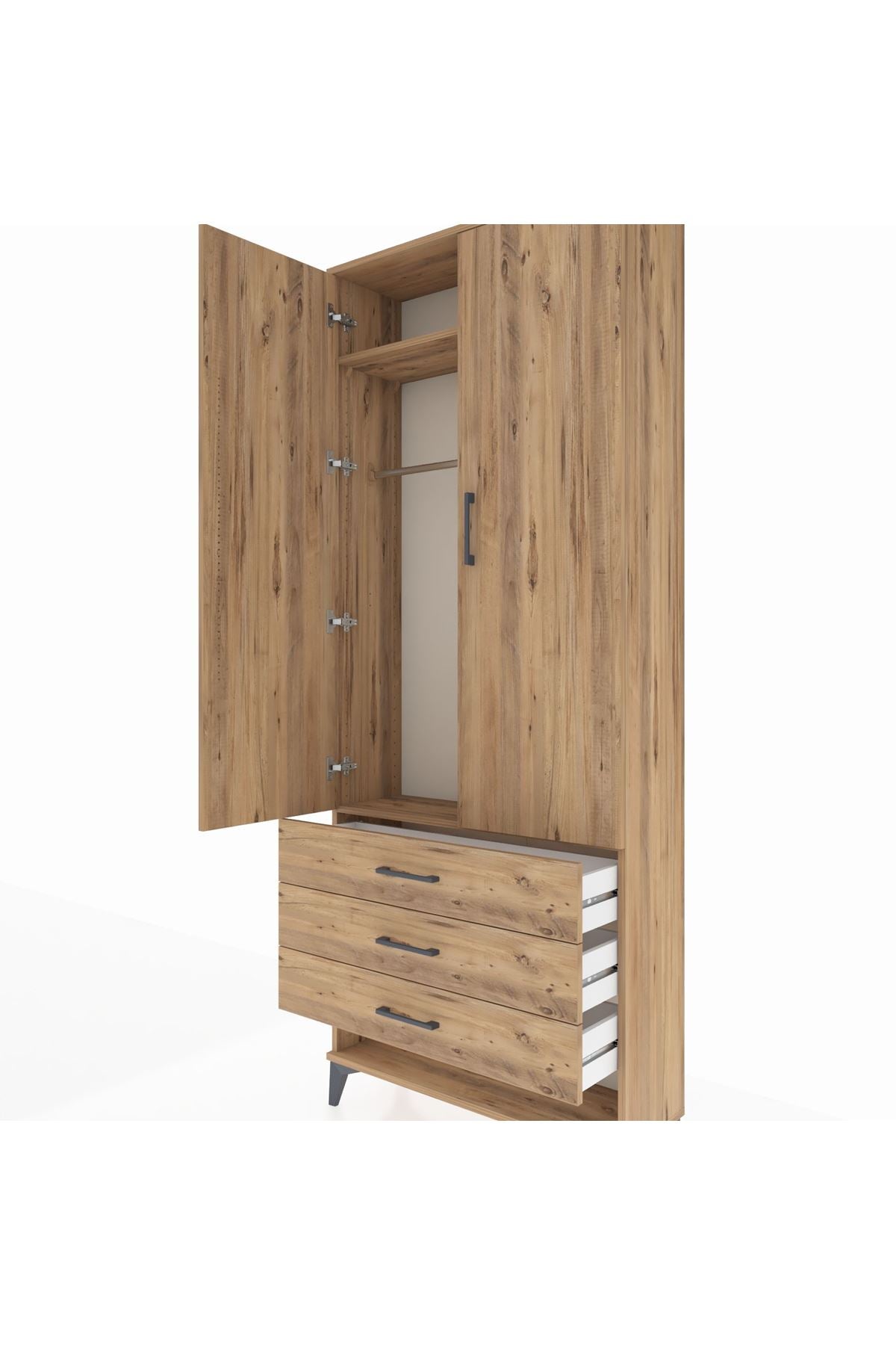 Arges Dolap 2 Raflı 3 Çekmeceli Tek Askılı 88x30x221 Çam-Çam