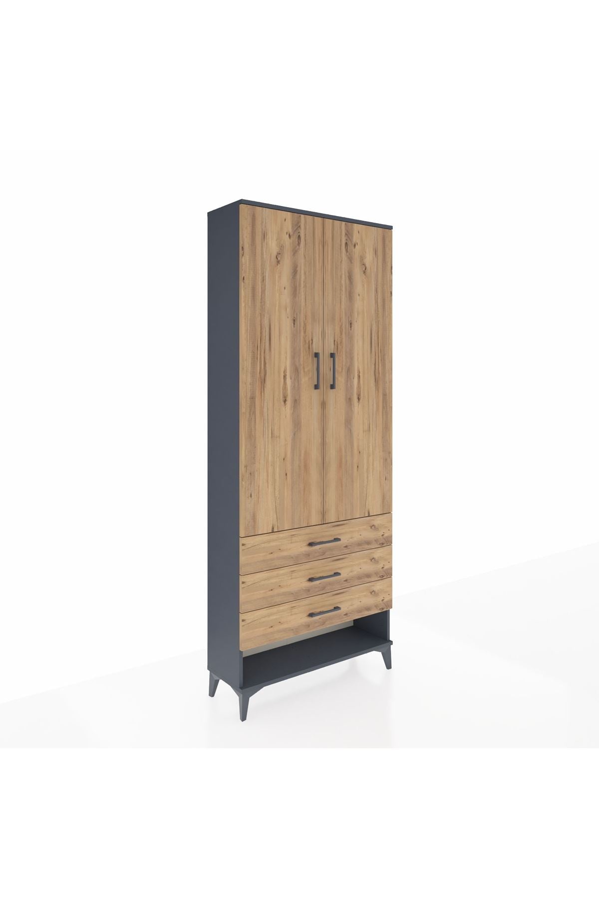 Arges Dolap 3 Raflı 3 Çekmeceli 2 Kapaklı 88x30x221 Antrasit-Çam