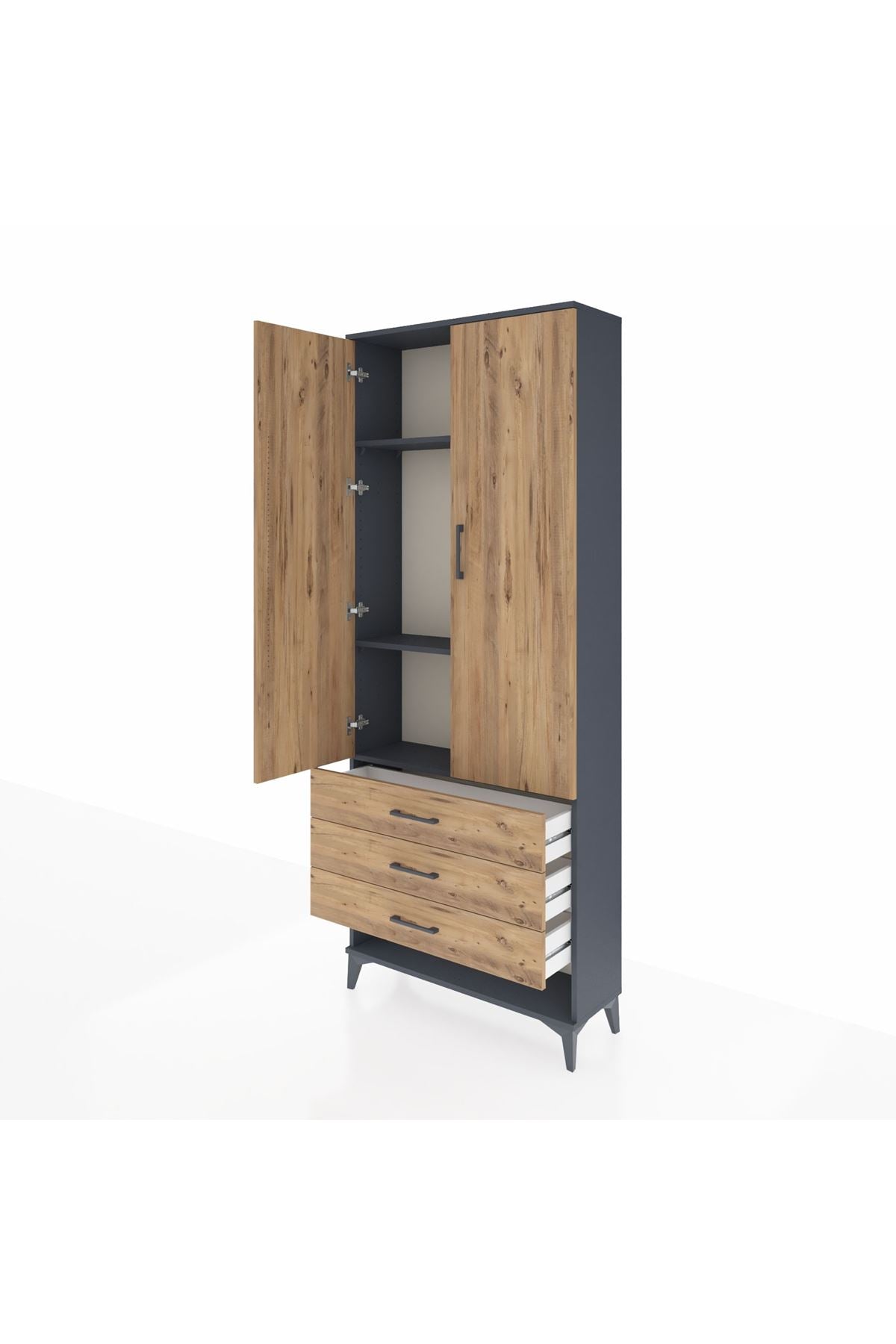 Arges Dolap 3 Raflı 3 Çekmeceli 2 Kapaklı 88x30x221 Antrasit-Çam