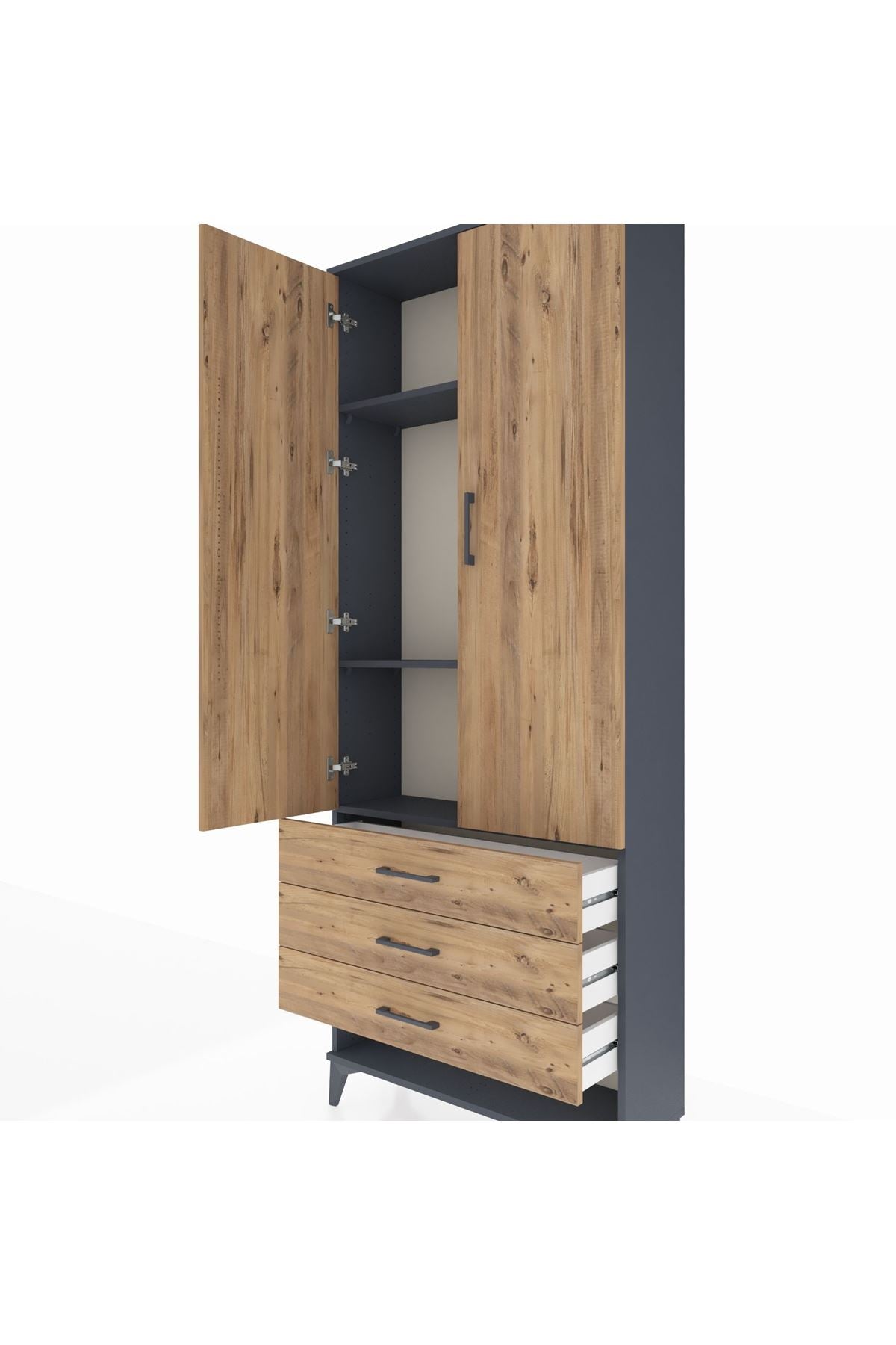 Arges Dolap 3 Raflı 3 Çekmeceli 2 Kapaklı 88x30x221 Antrasit-Çam