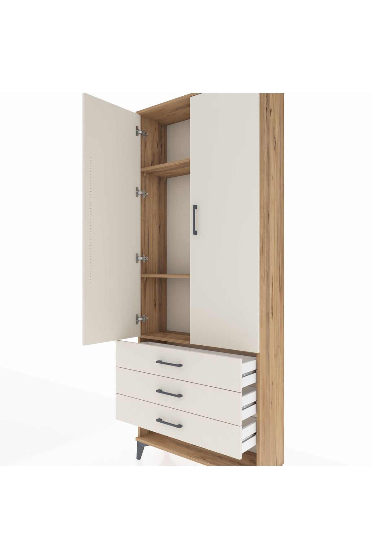 Arges Dolap 3 Raflı 3 Çekmeceli 2 Kapaklı 88x30x221 Çam-Aytaşı